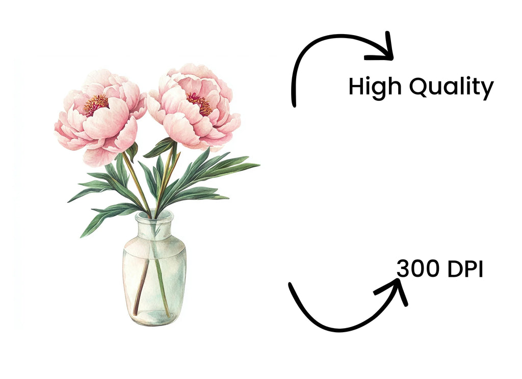 Elegant Peonies in Glass Vase Clipart Bundle