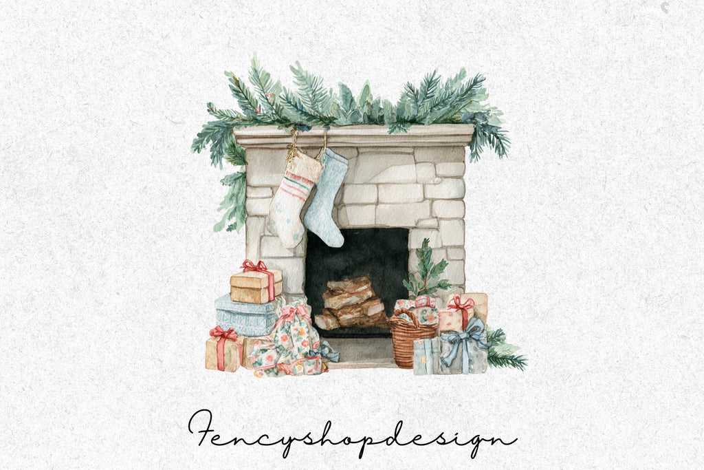 Christmas Fireplace and Stockings Clipart Bundle