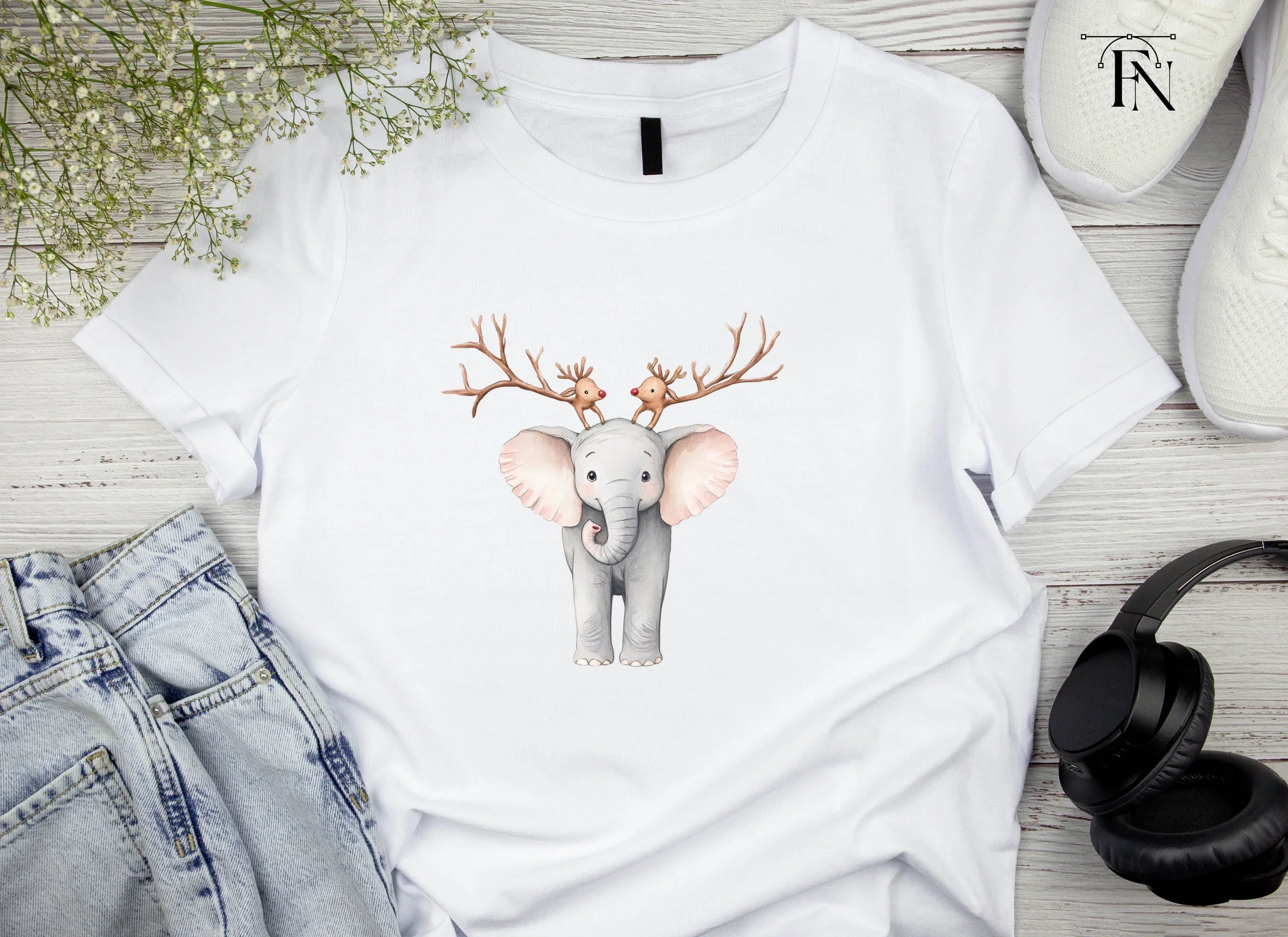 Cute Elephant with Reindeer Antlers Clipart Bundle