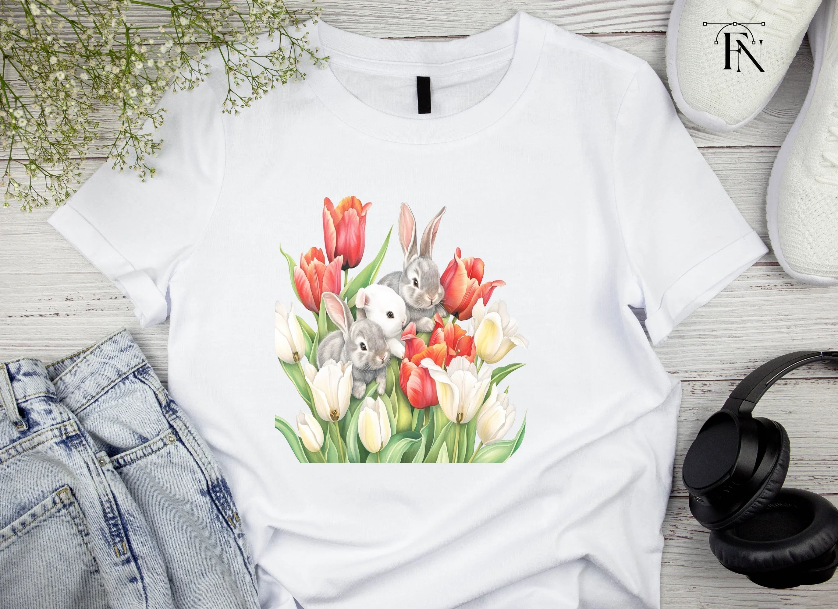Baby Bunnies in Tulip Garden Clipart Bundle