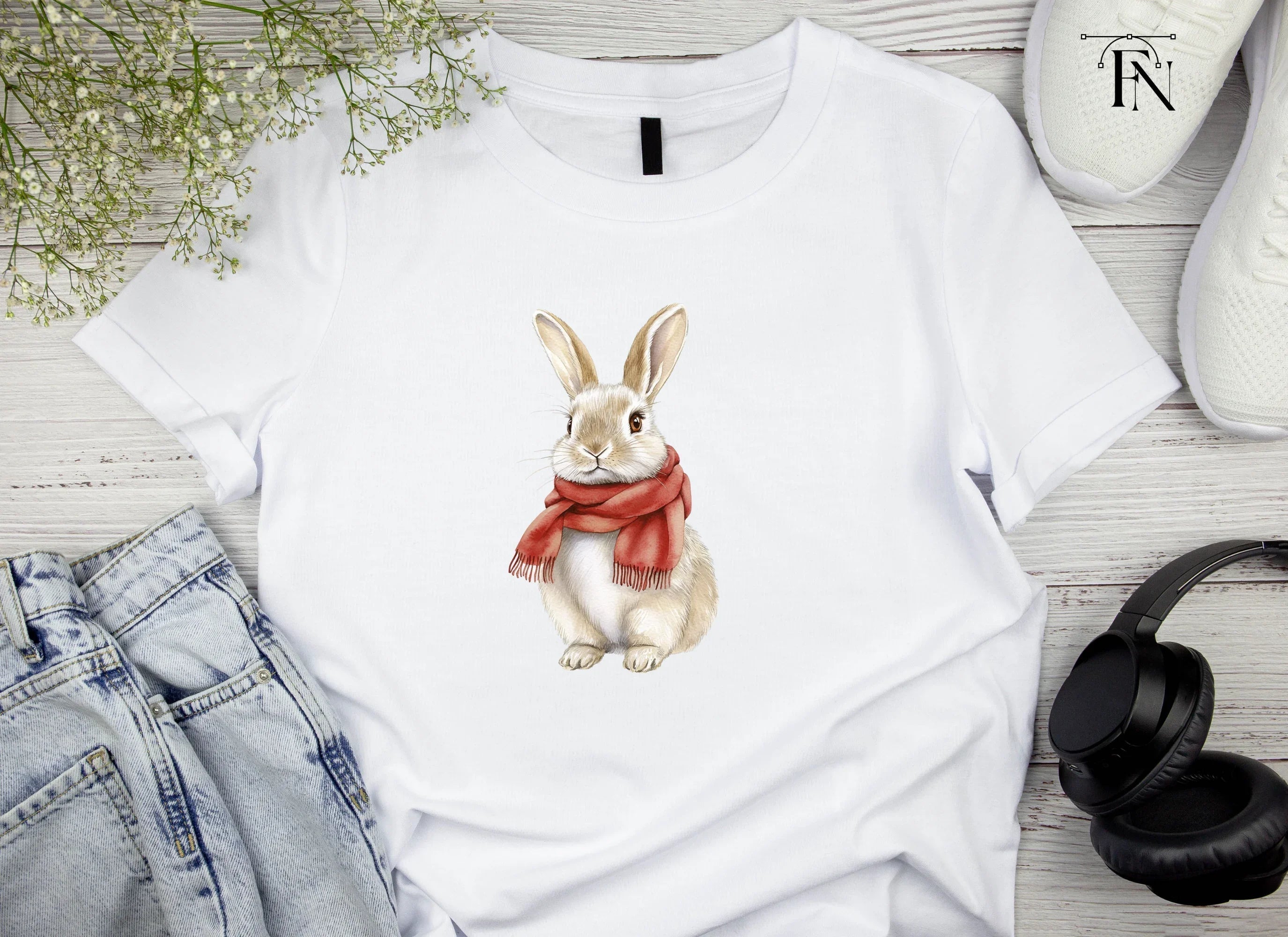 White Bunnies with Red Scarves Clipart Bundle