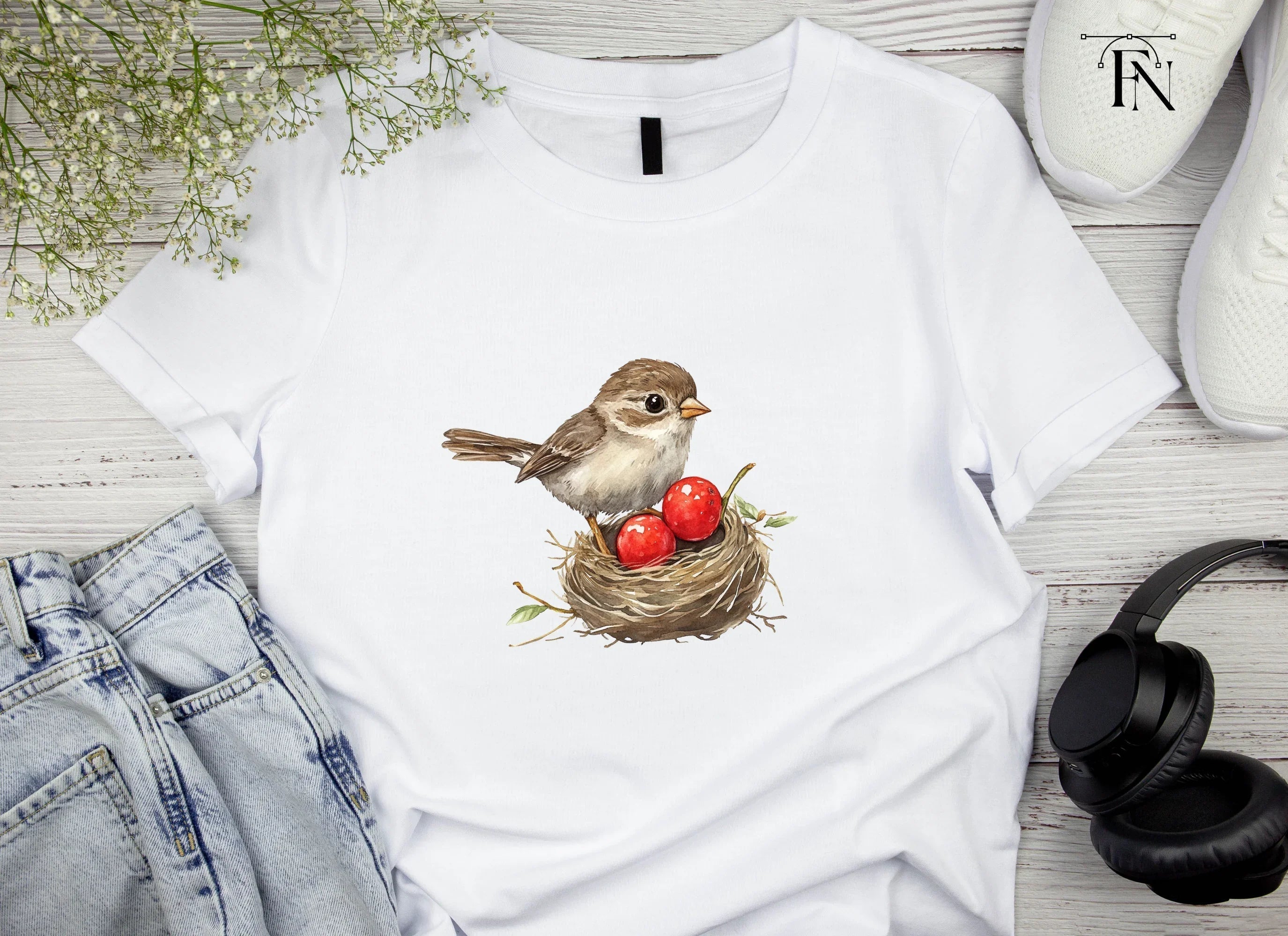 Cute Bird in Nest with Red Berries Clipart Bundle