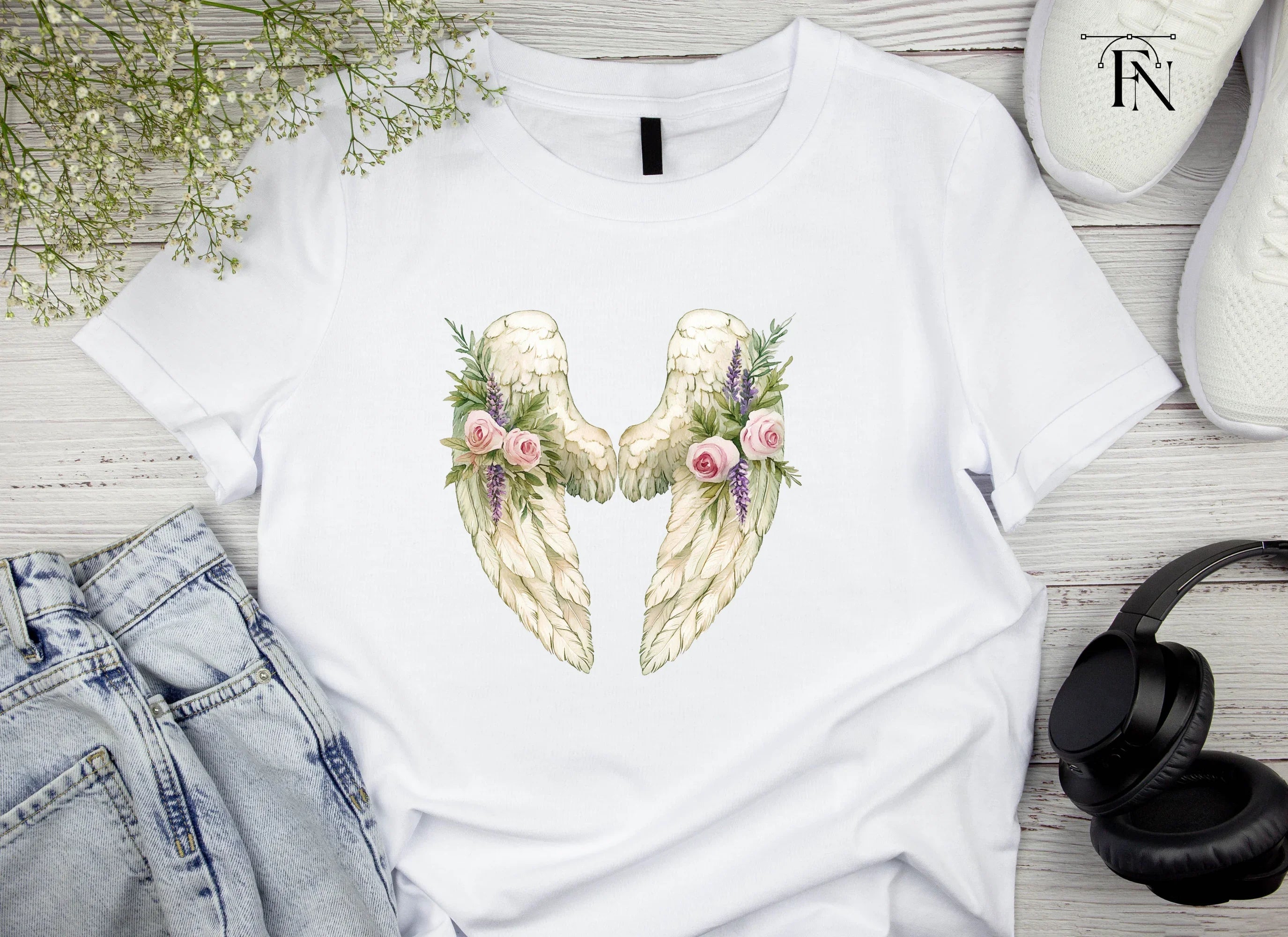 Elegant Angel Wings with Flowers Clipart Bundle