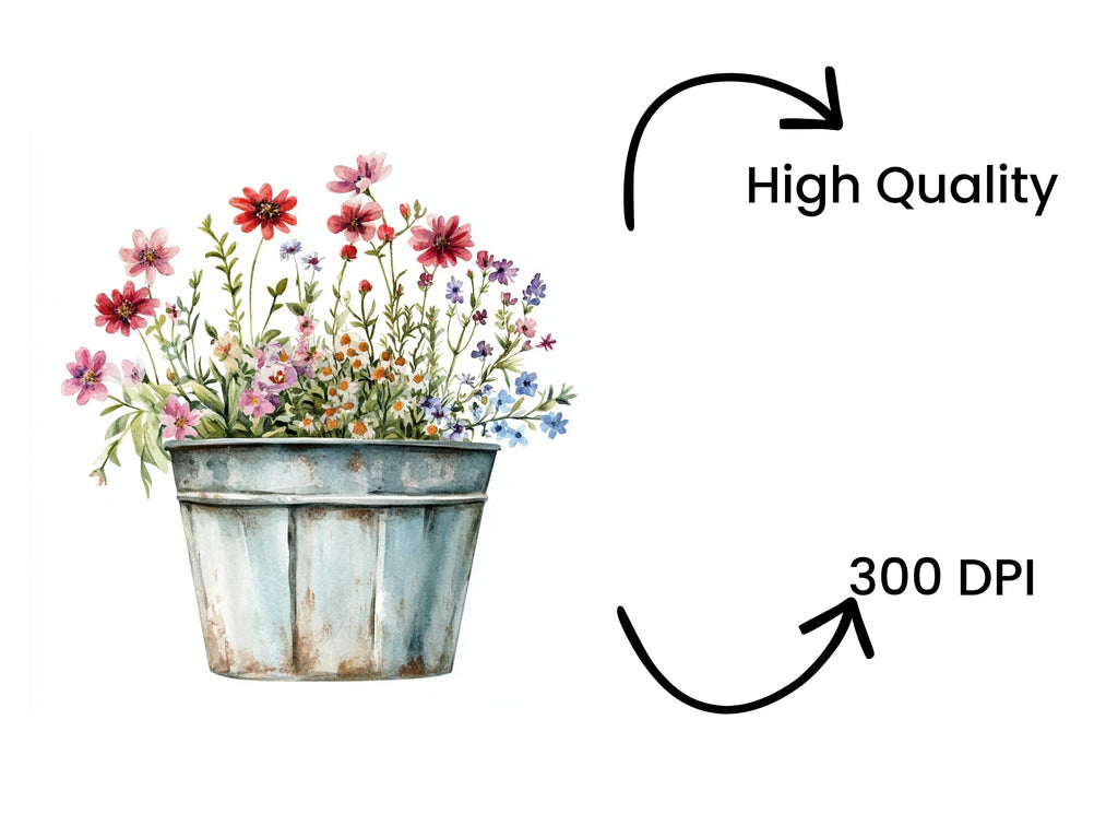 Wildflower Arrangement in Galvanized Bucket Clipart Bundle