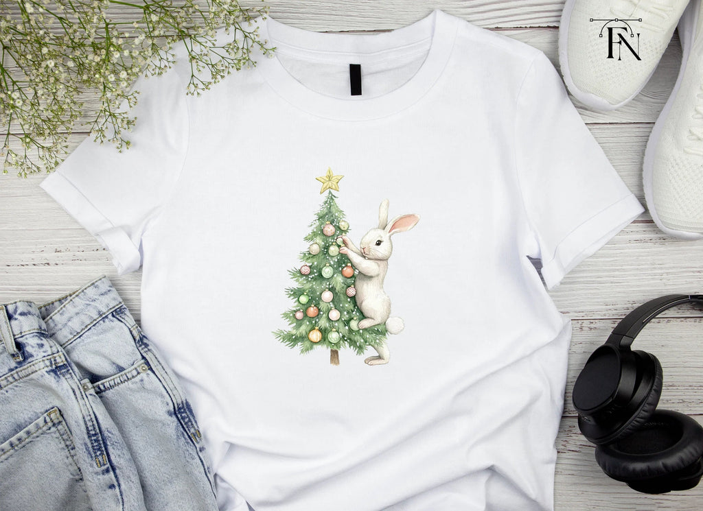 White Bunnies Decorating Christmas Tree Clipart Bundle