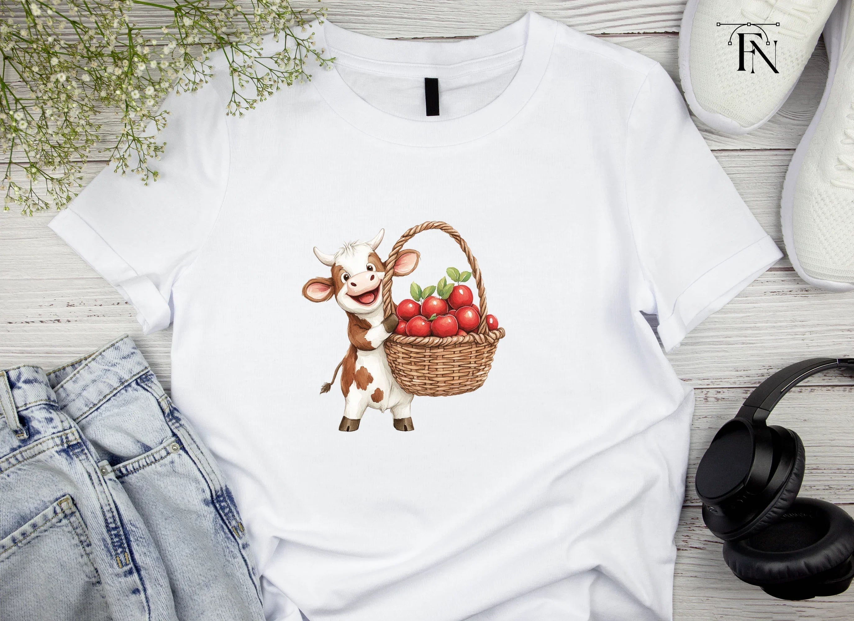 Cute Calf with Apple Basket Clipart Bundle