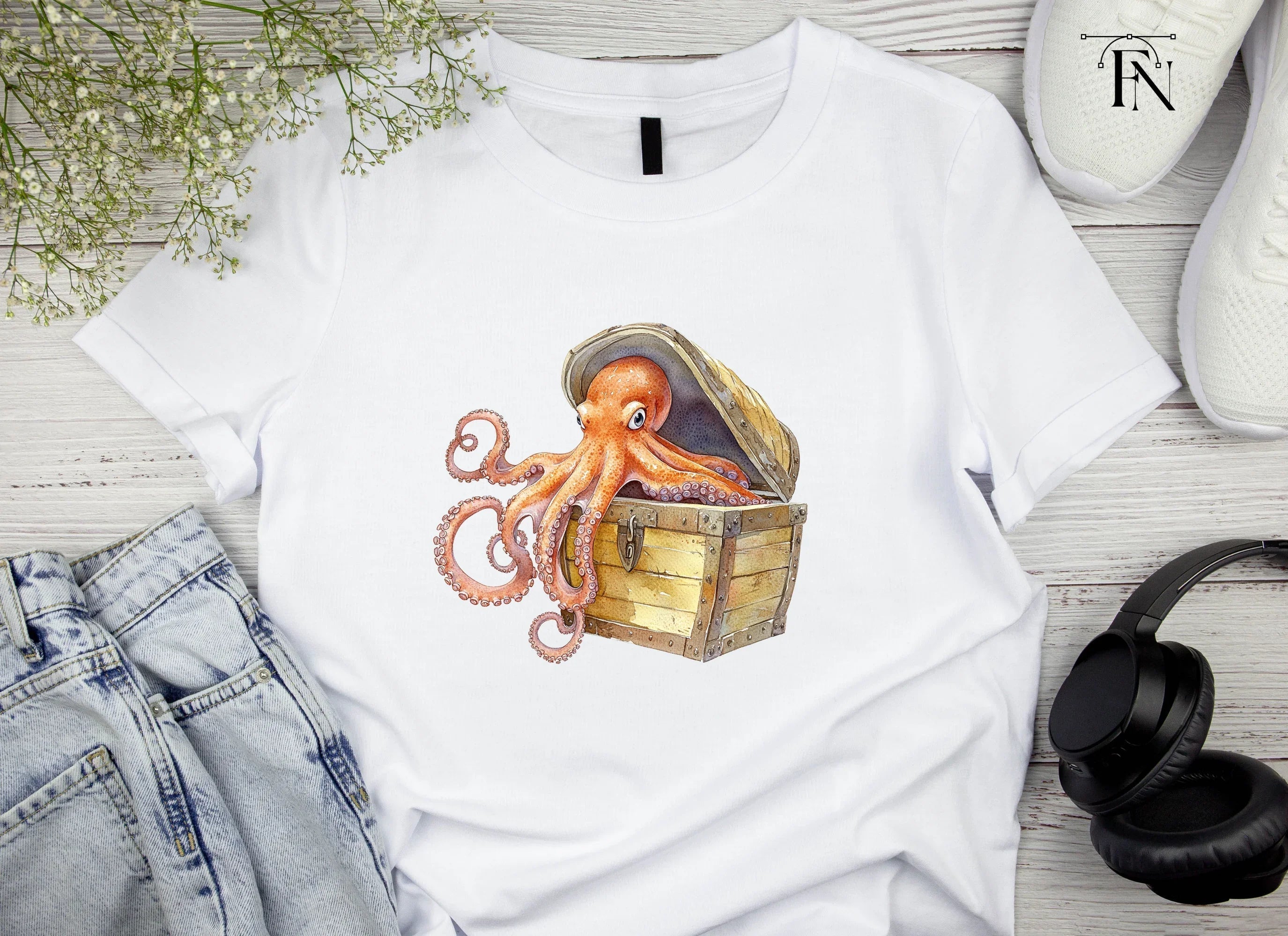 Cute Octopus in Treasure Chest Clipart Bundle