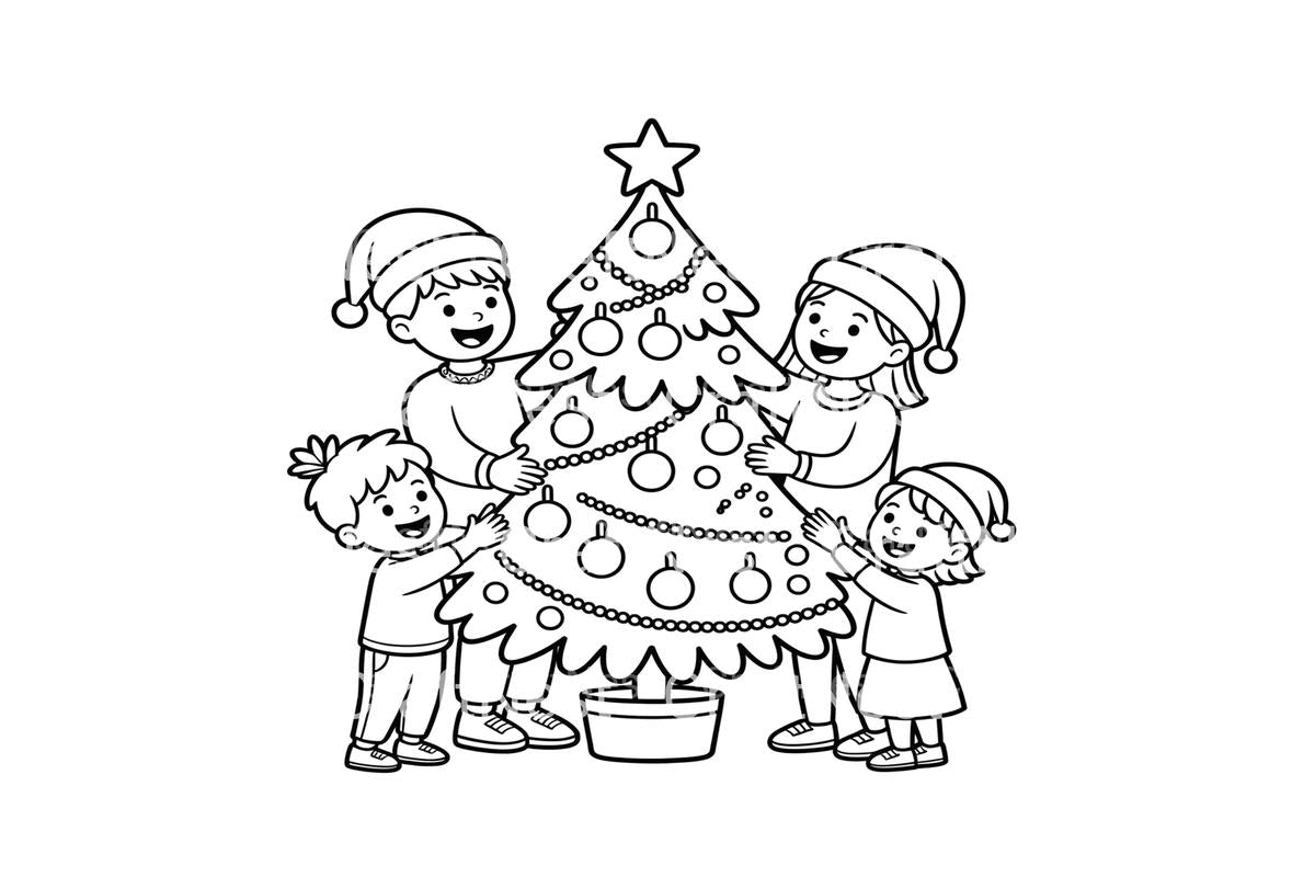 Family Decorating Christmas Tree Coloring Books