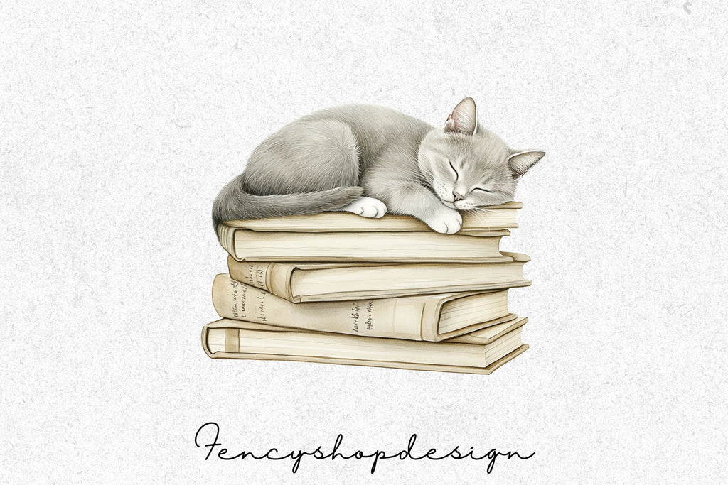 Cute Cats Sleeping on Books Clipart Bundle