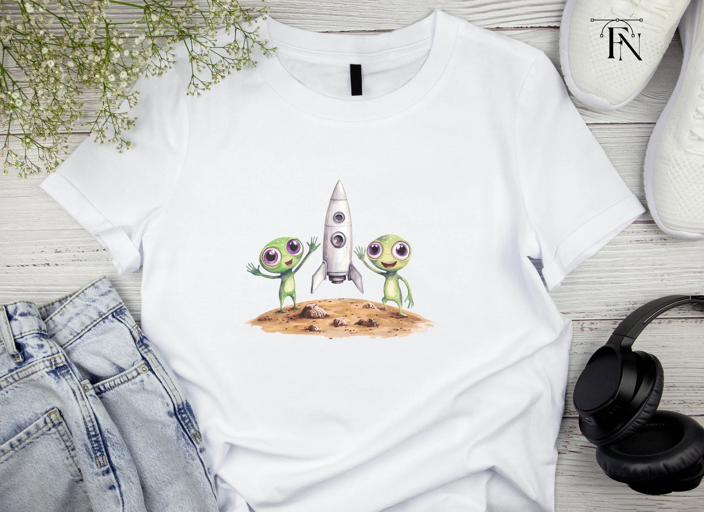 Cute Aliens and Rocket Ship Clipart Bundle