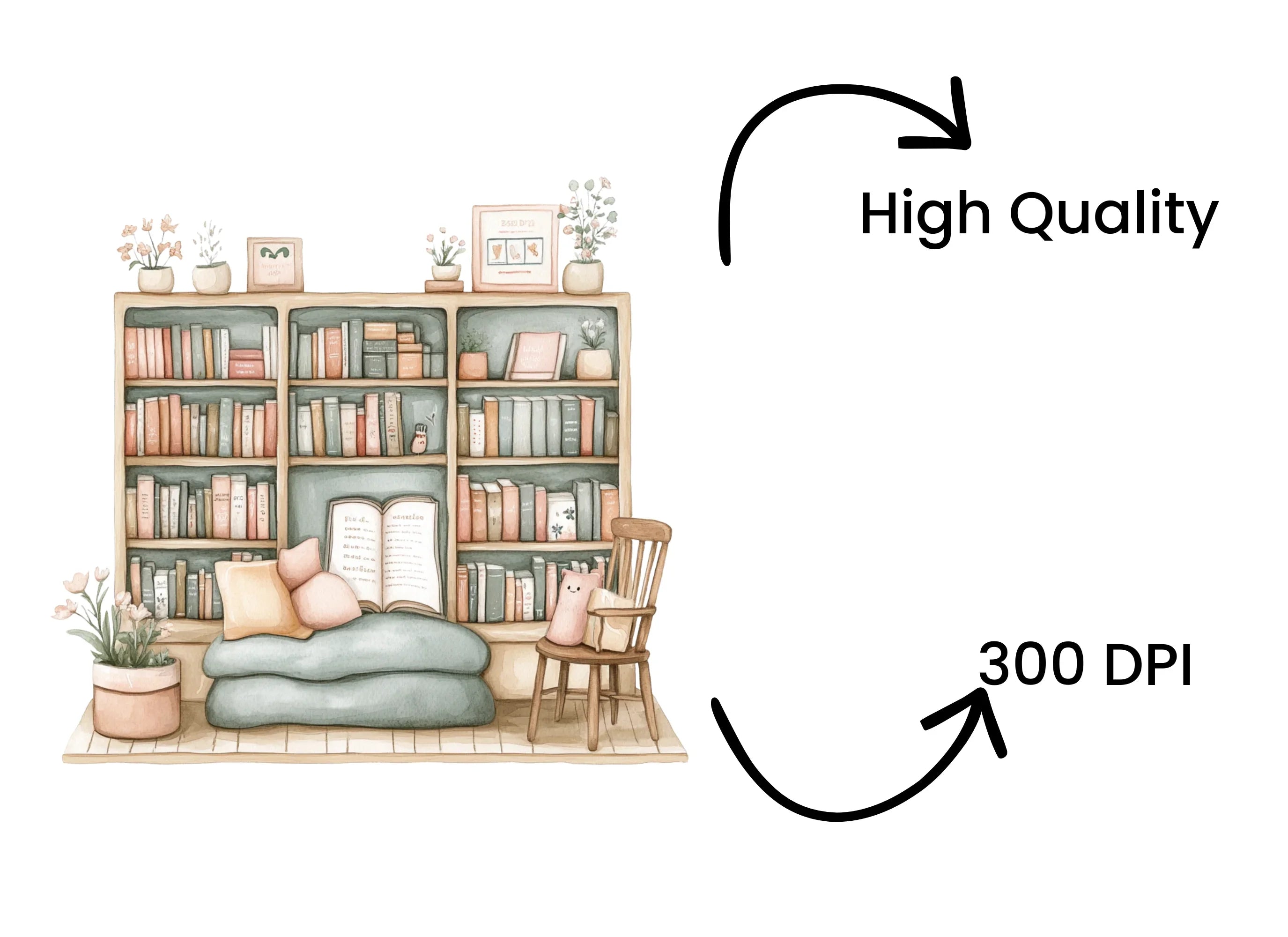 Bookshelf with Reading Cat Clipart Bundle