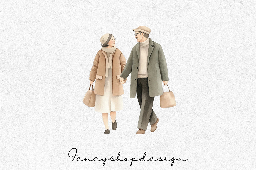 Elderly Couples Walking Clipart Bundle