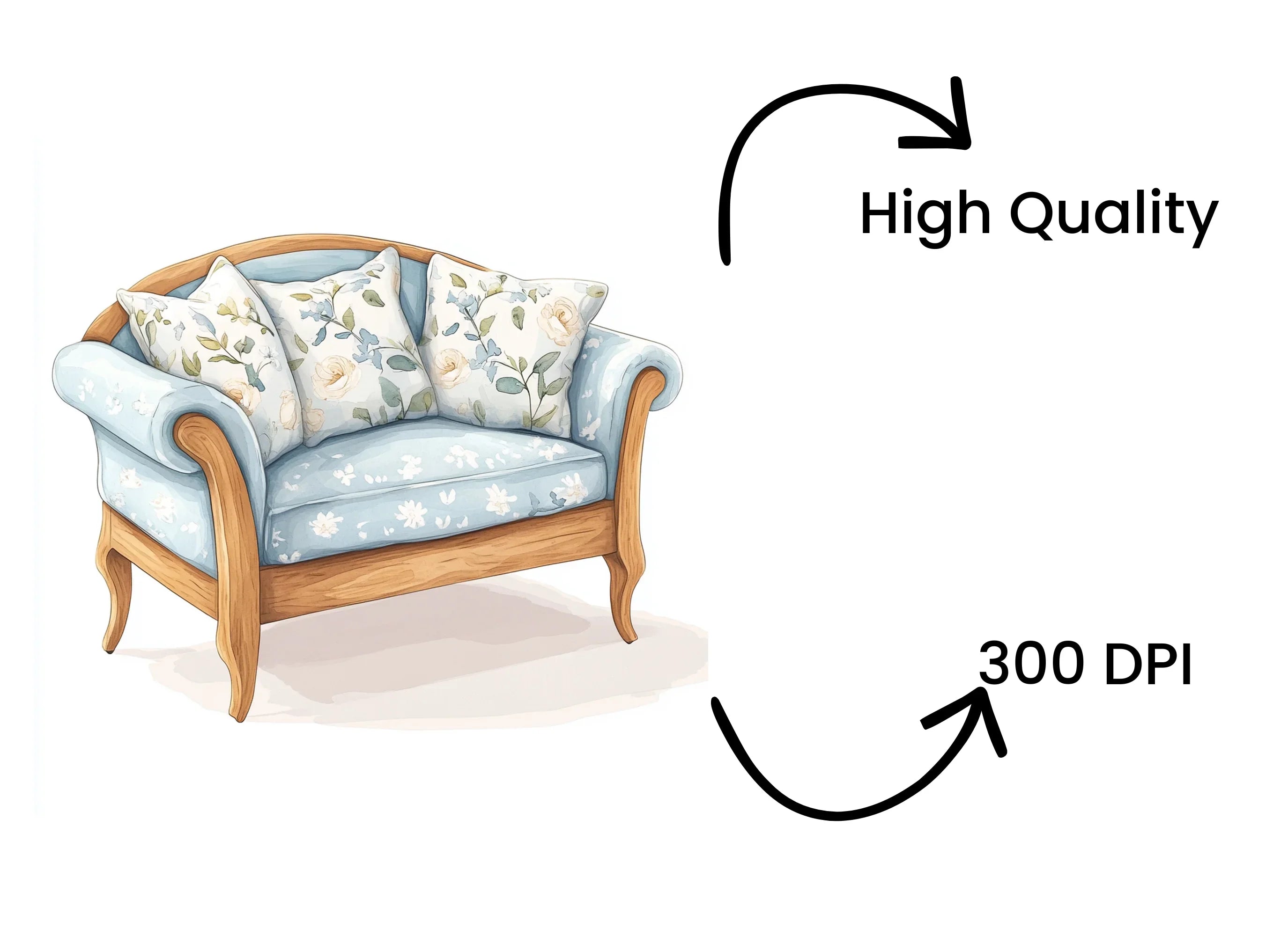 Elegant Blue Floral Sofa Clipart Bundle