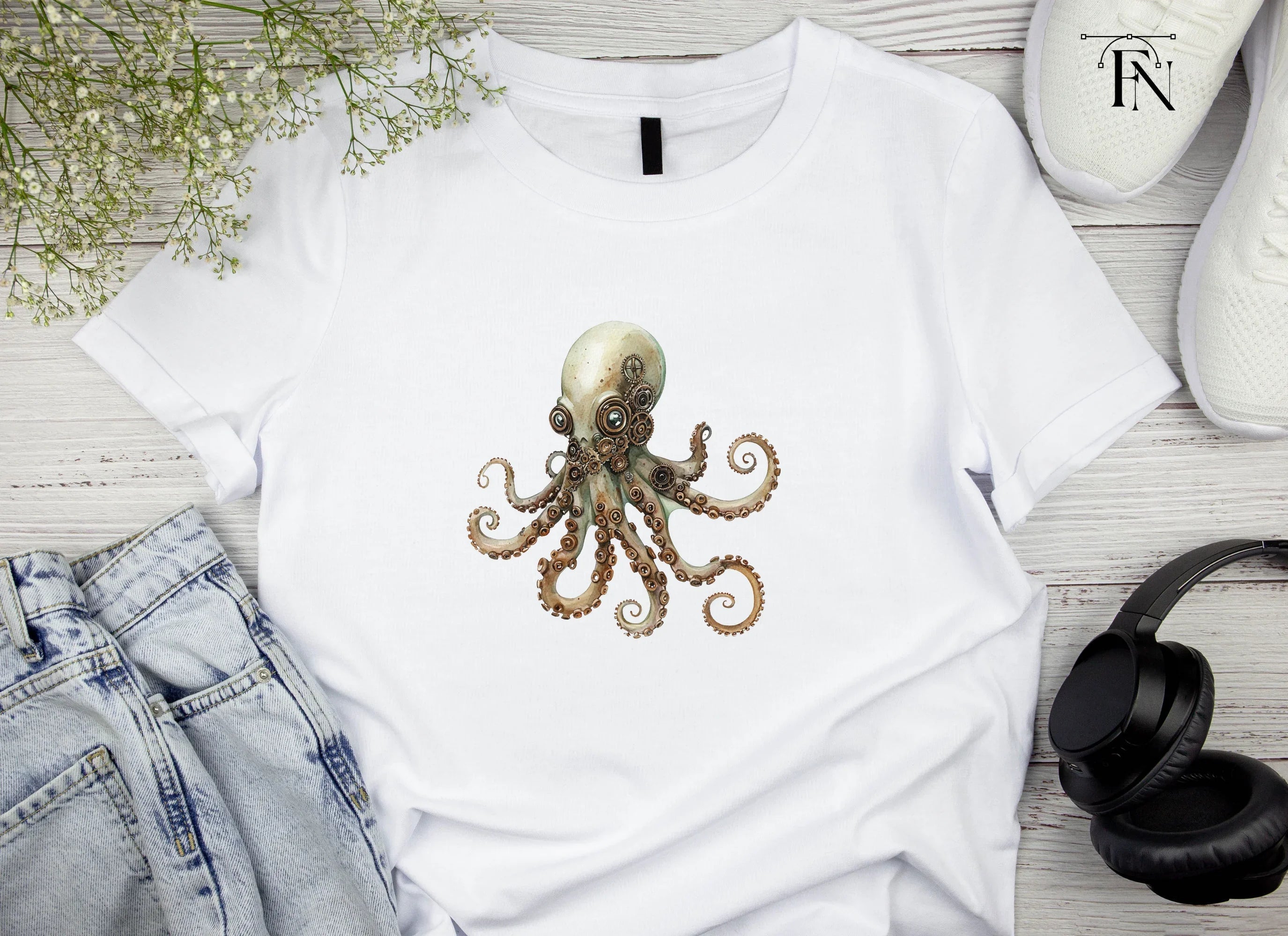 White Steampunk Octopus Clipart Bundle