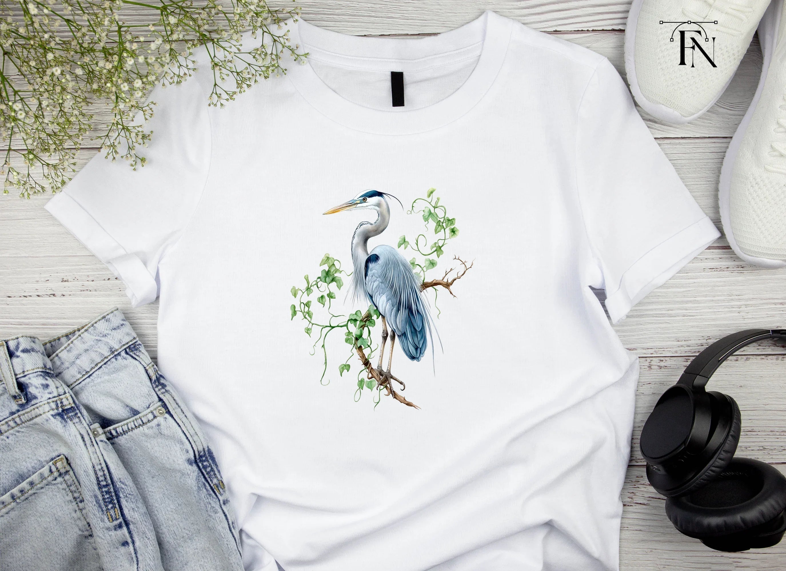 Heron on Branch with Green Leaves Clipart Bundle