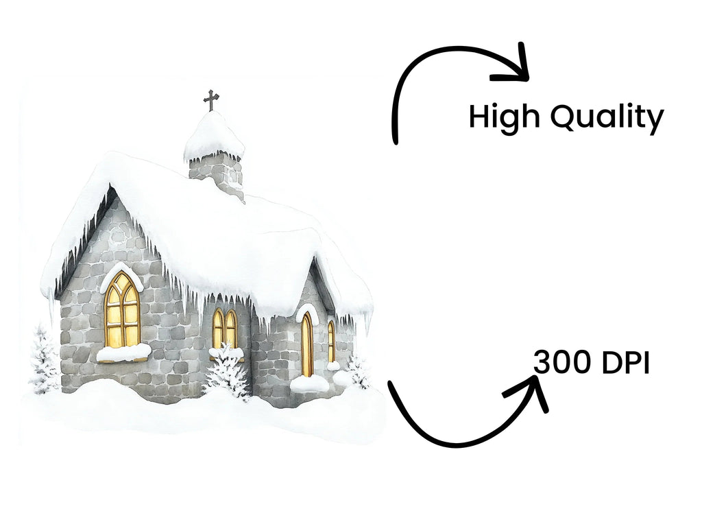 Snow Covered Stone Churches Clipart Bundle
