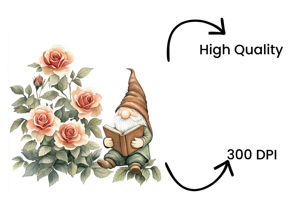 Gnome Reading Book with Rose Clipart Bundle