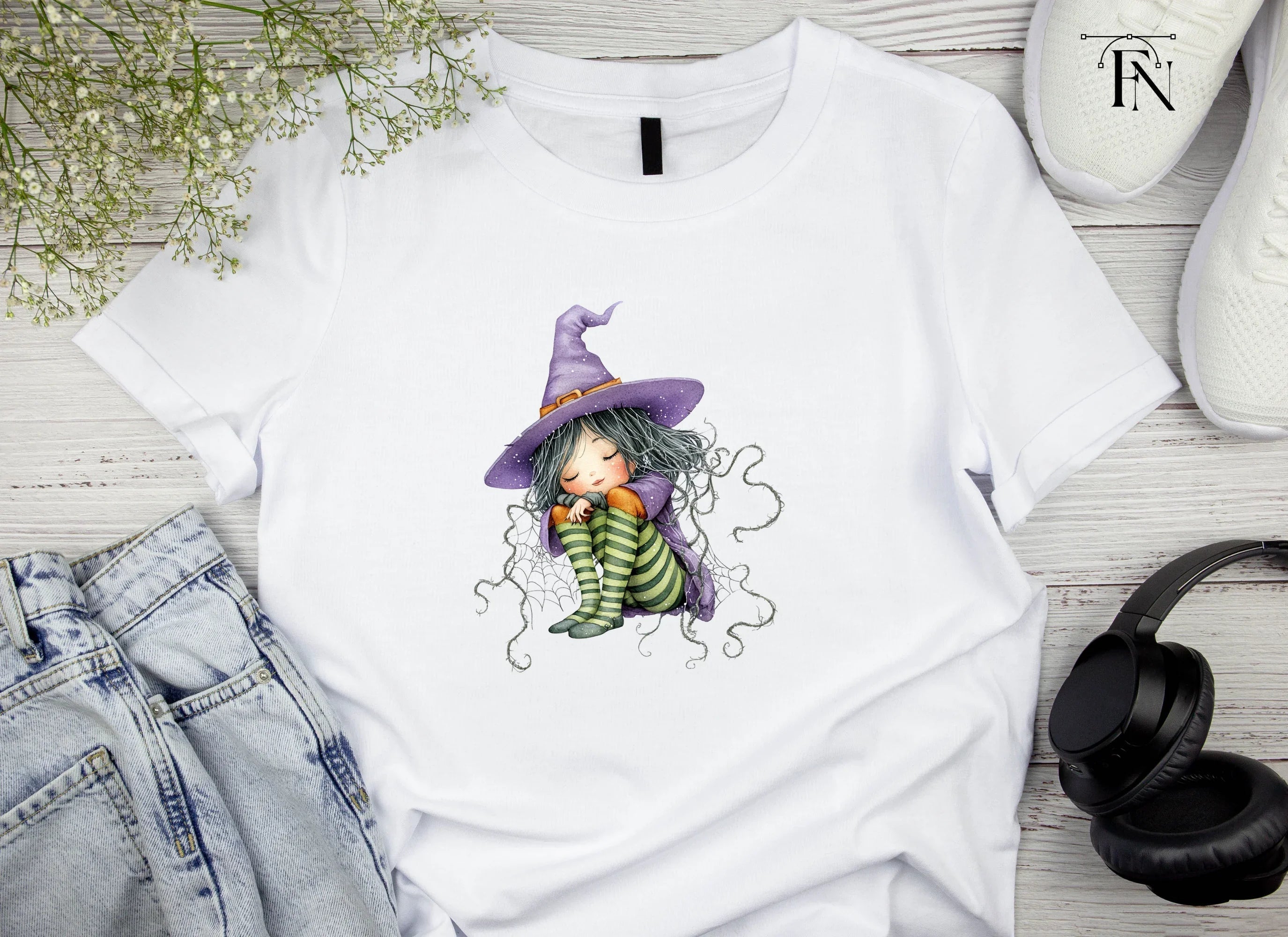 Sleeping Witches in Spiderwebs Clipart Bundle