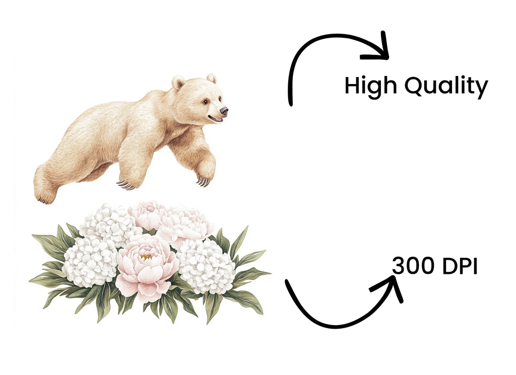 Playful Bear Cubs with Peony Flowers Clipart Bundle