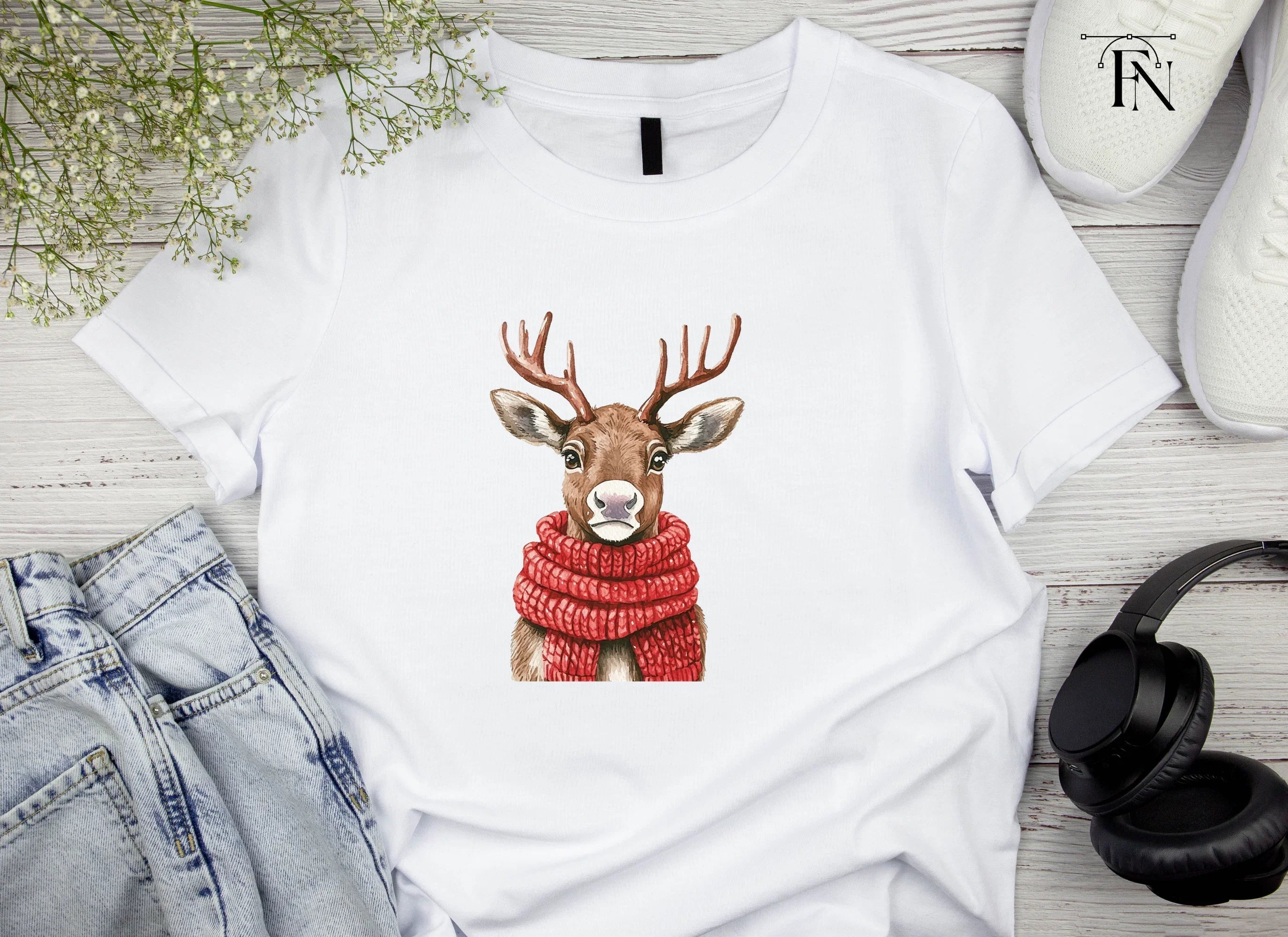 Cute Reindeer with Red Scarf Clipart Bundle