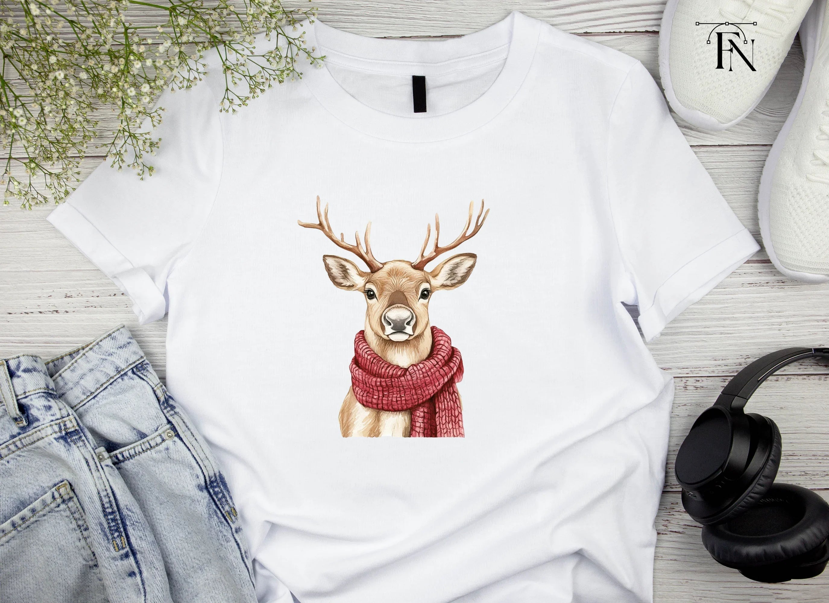 Festive Reindeer with Red Scarves Clipart Bundle