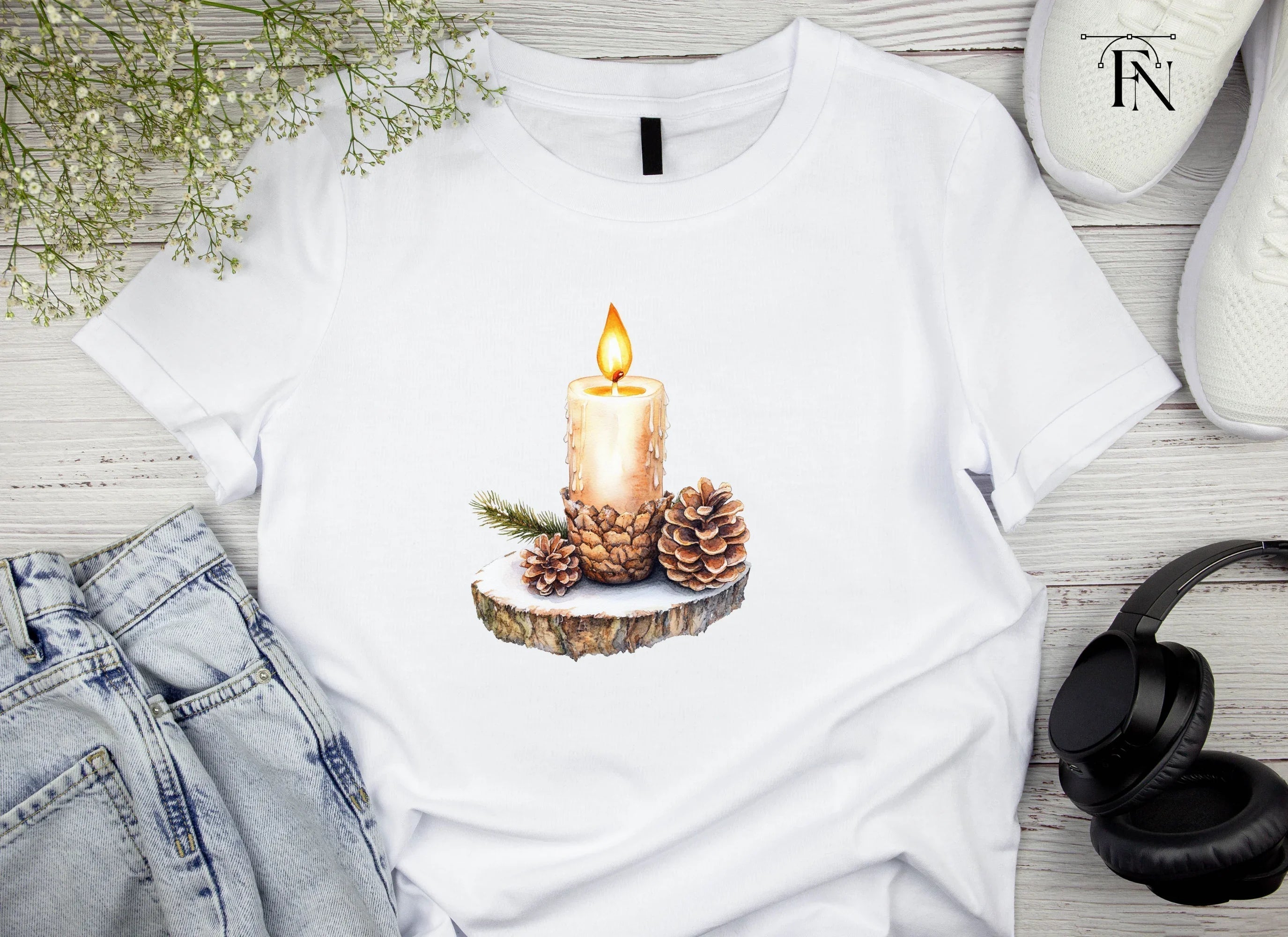 Winter Candle Pinecone Wood Slice Clipart Bundle