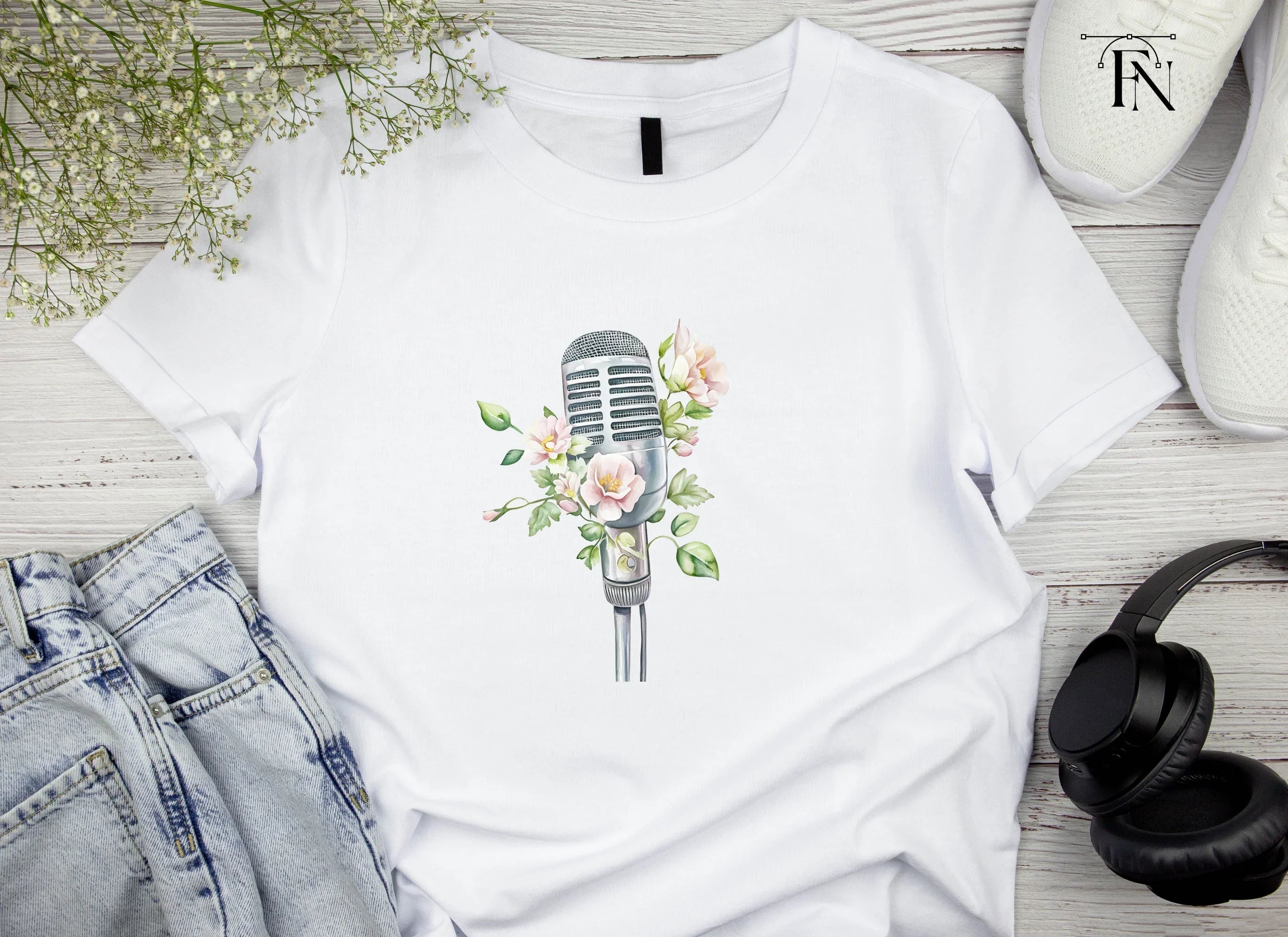Vintage Microphones with Pink Flowers Clipart Bundle