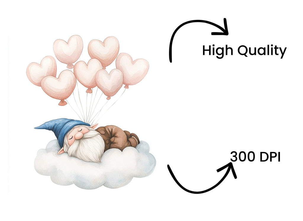 Sleeping Gnome on Cloud with Balloons Clipart Bundle