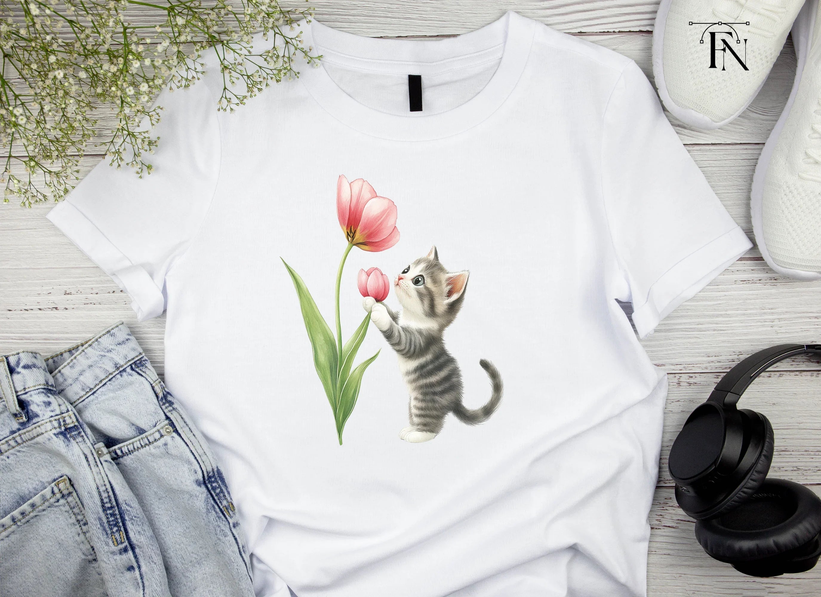 Cute Kitten with Pink Tulip Clipart Bundle