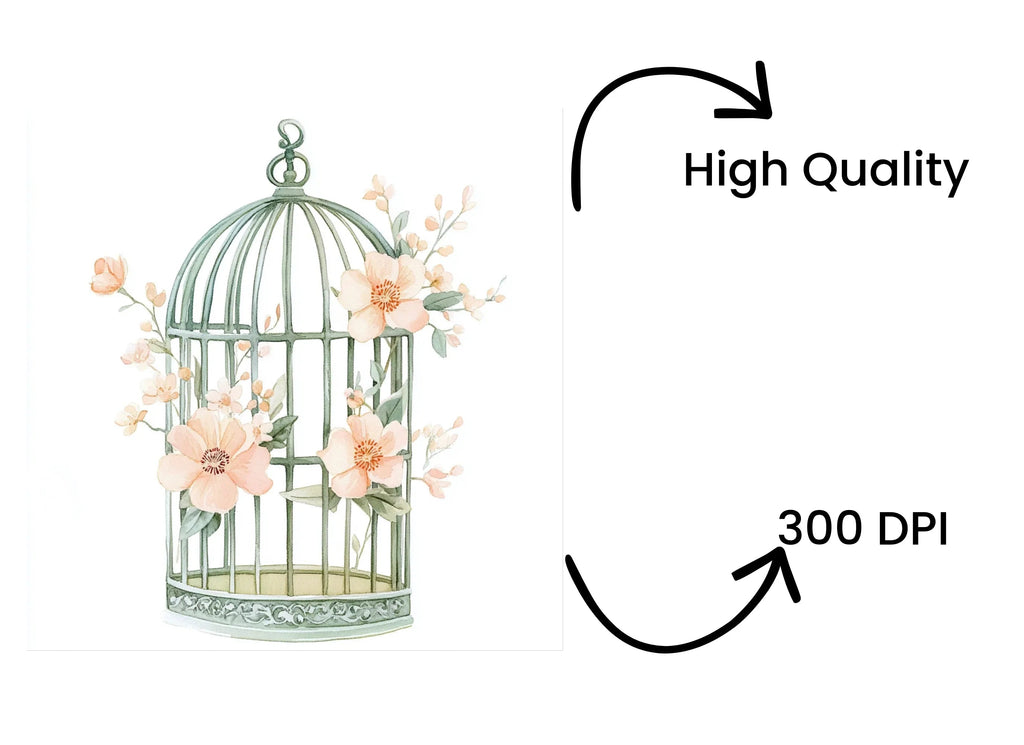Floral Bird Cages with Delicate Blooms Clipart Bundle