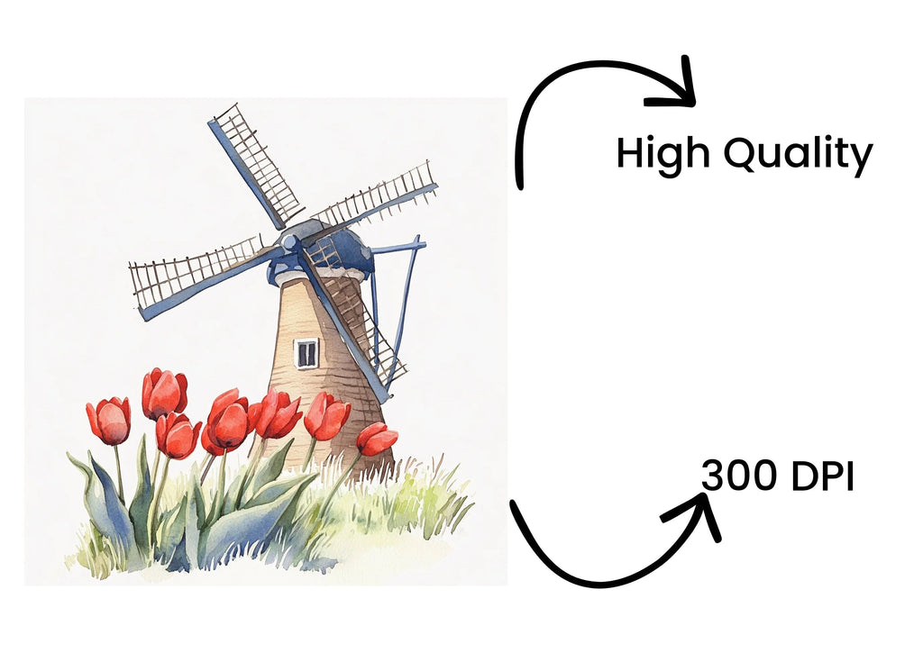 Dutch Windmill and Red Tulips Clipart Bundle