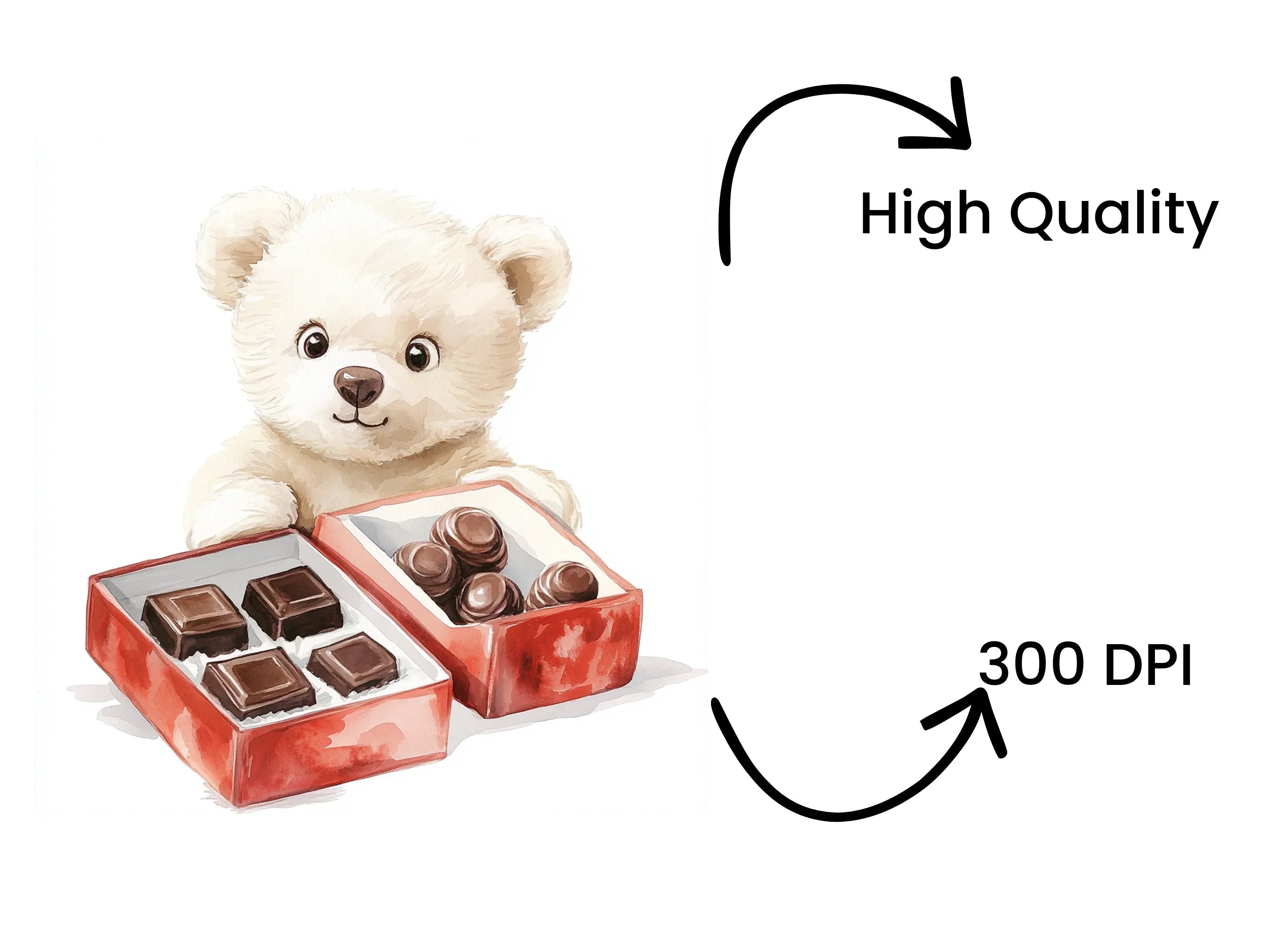 White Teddy Bear with Chocolate Box Clipart Bundle