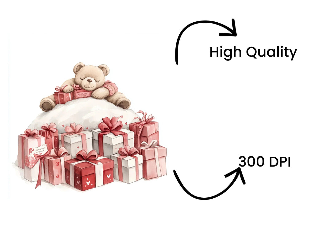 Sleeping Teddy Bear on Gift Pile Clipart Bundle
