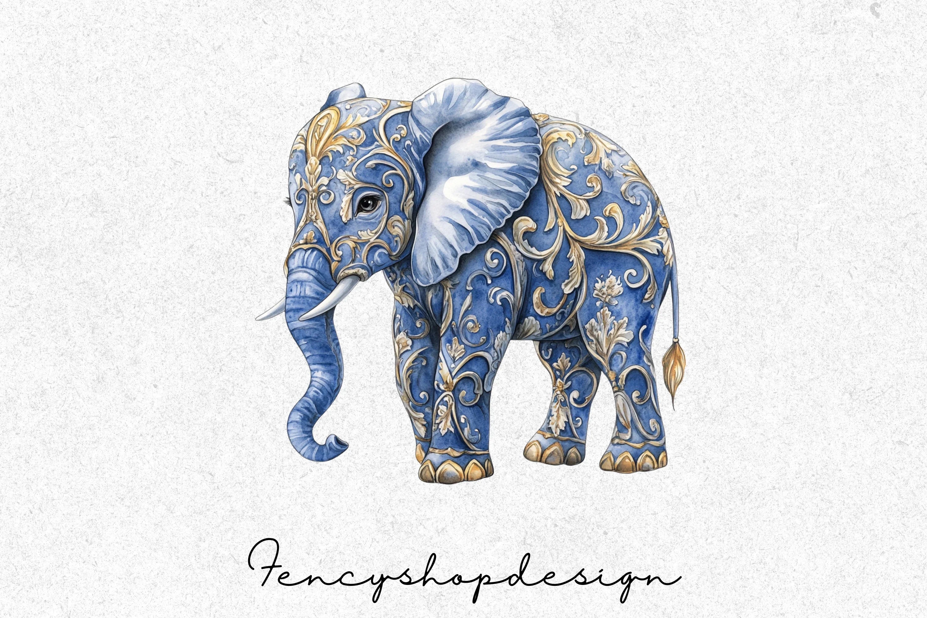 Majestic Blue Gold Elephant Clipart Bundle