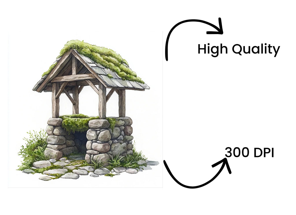 Mossy Stone Wishing Well Clipart Bundle