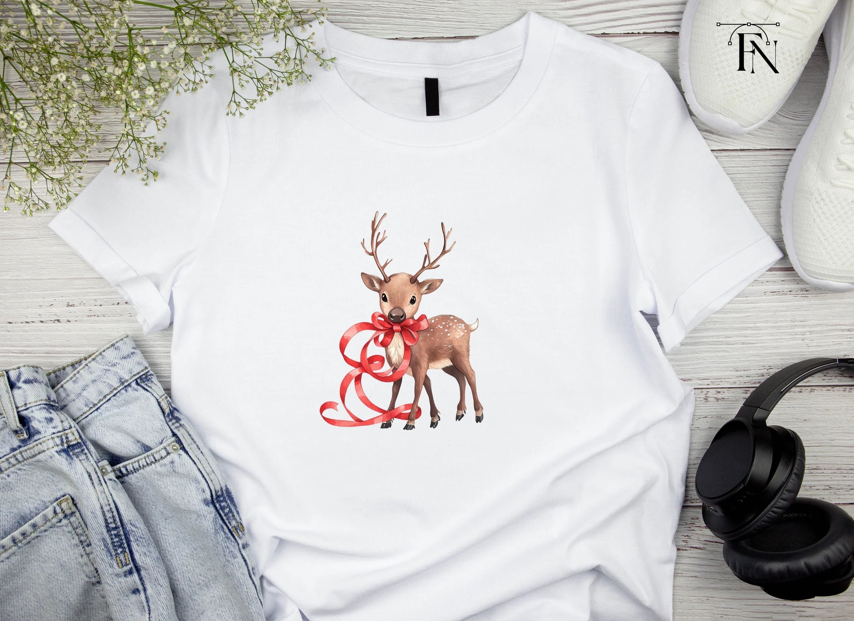 Cute Christmas Reindeer with Red Ribbons Clipart Bundle