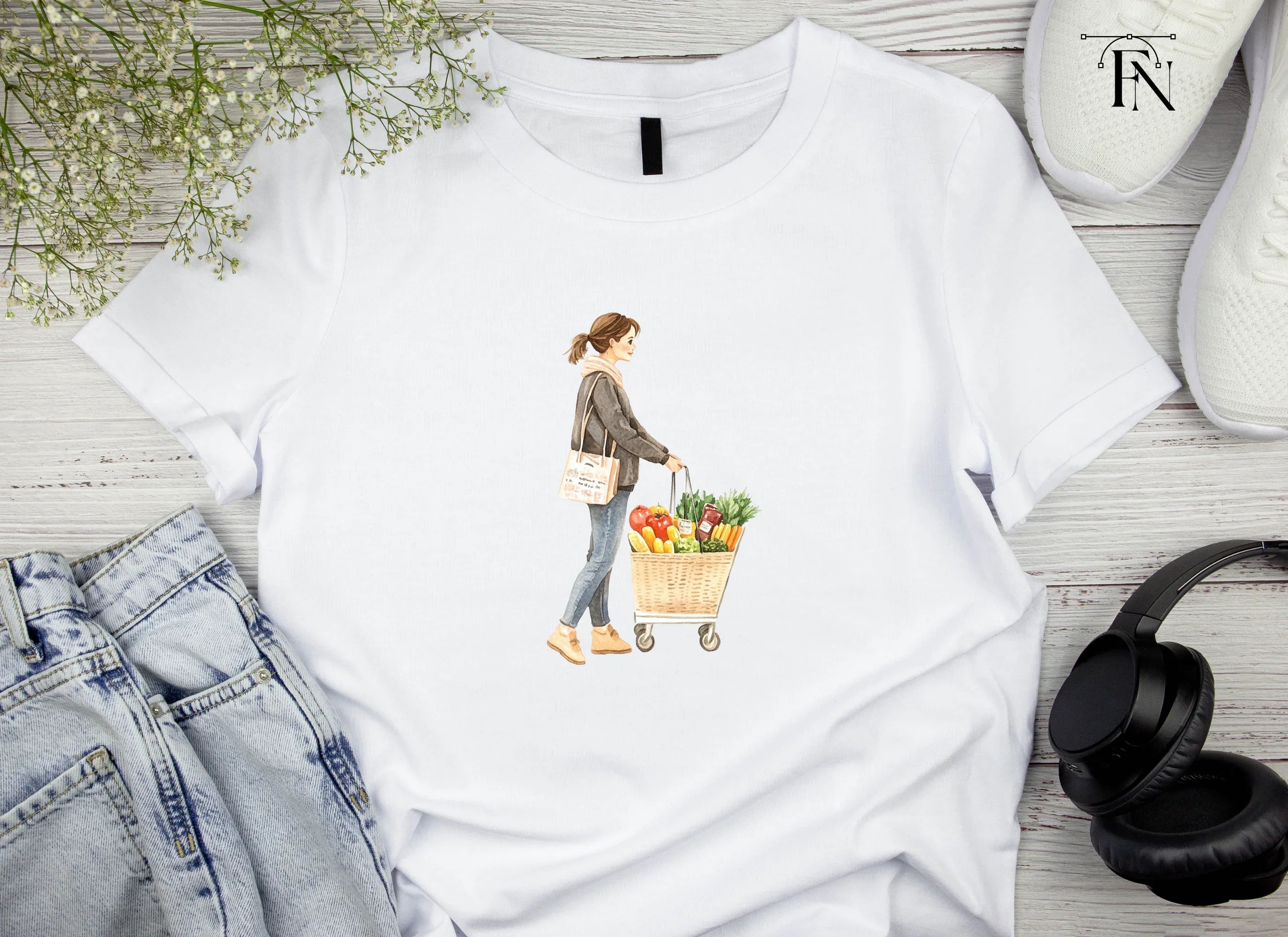 Woman Shopping with Grocery Cart Clipart Bundle