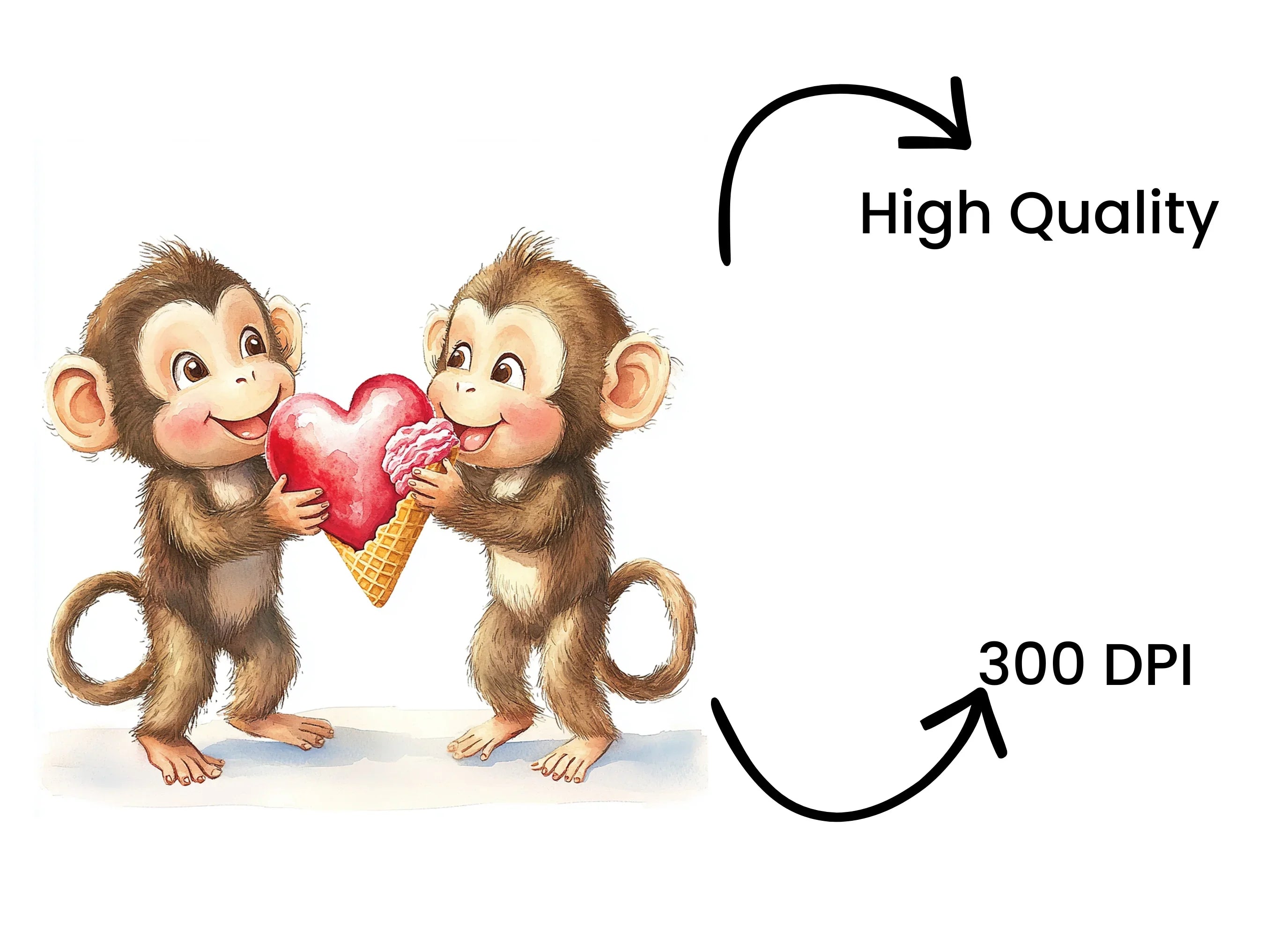 Cute Monkeys Sharing Heart Ice Cream Clipart Bundle
