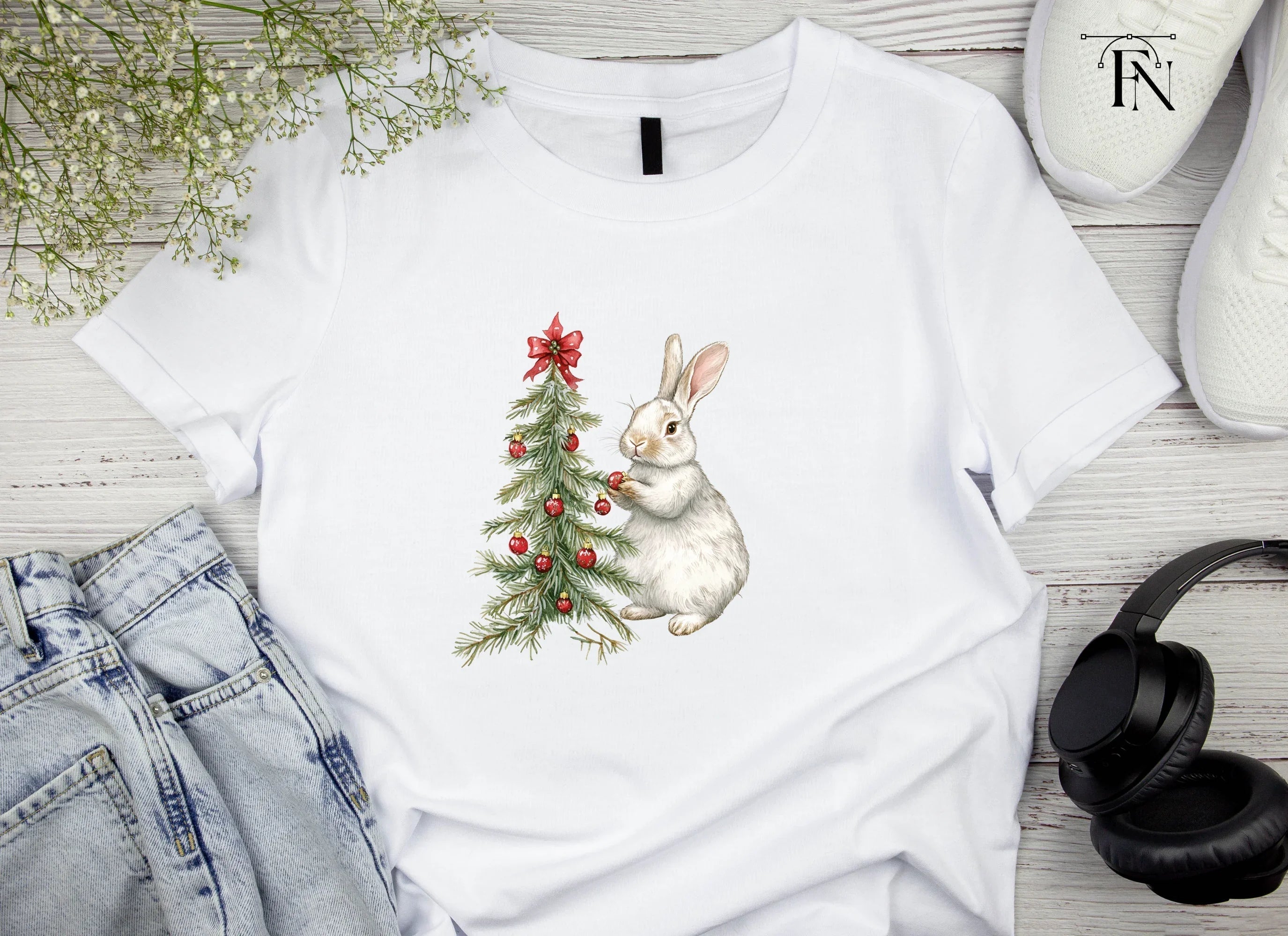 Cute Bunny Decorating Christmas Tree Clipart Bundle