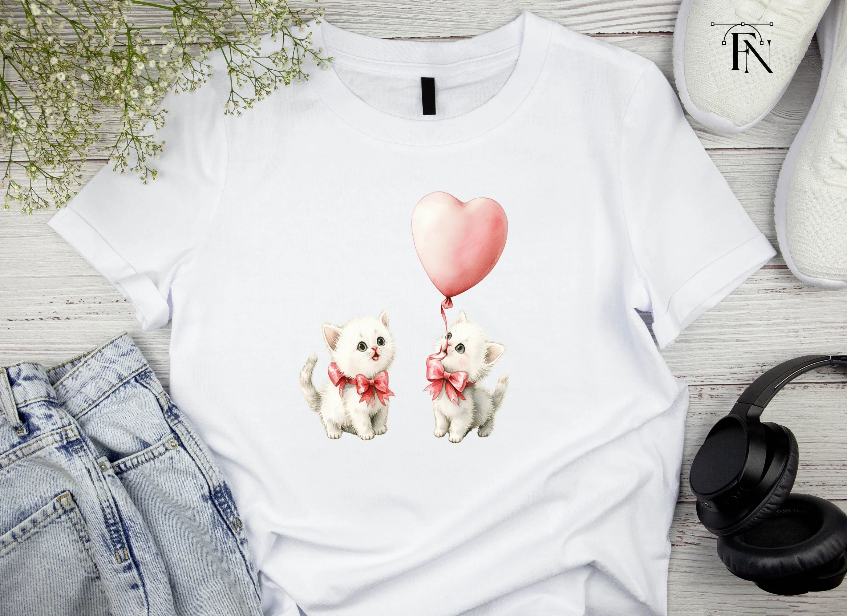 Cute Kittens with Pink Heart Balloons Clipart Bundle
