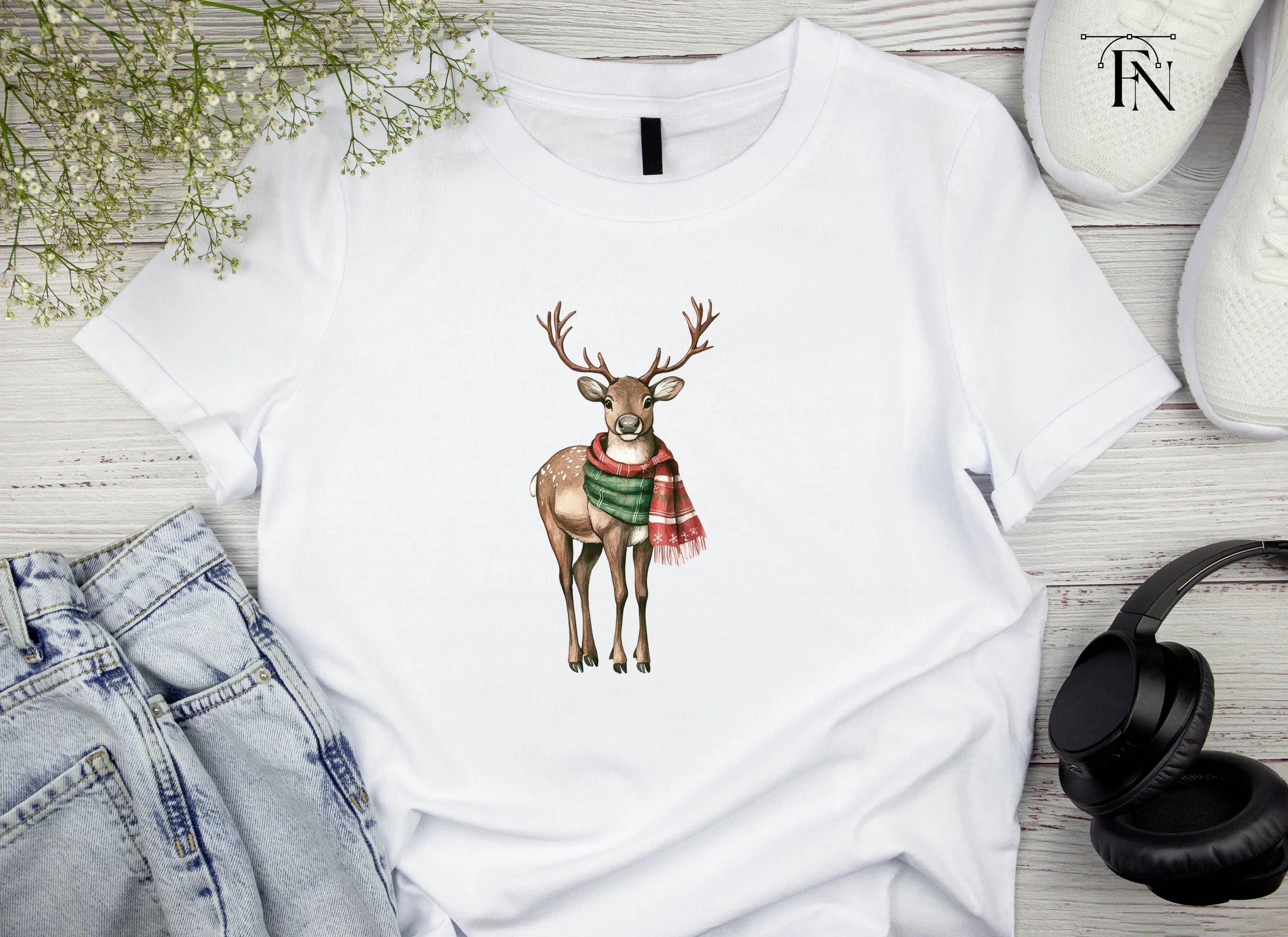 Festive Reindeer with Green Scarf Clipart Bundle