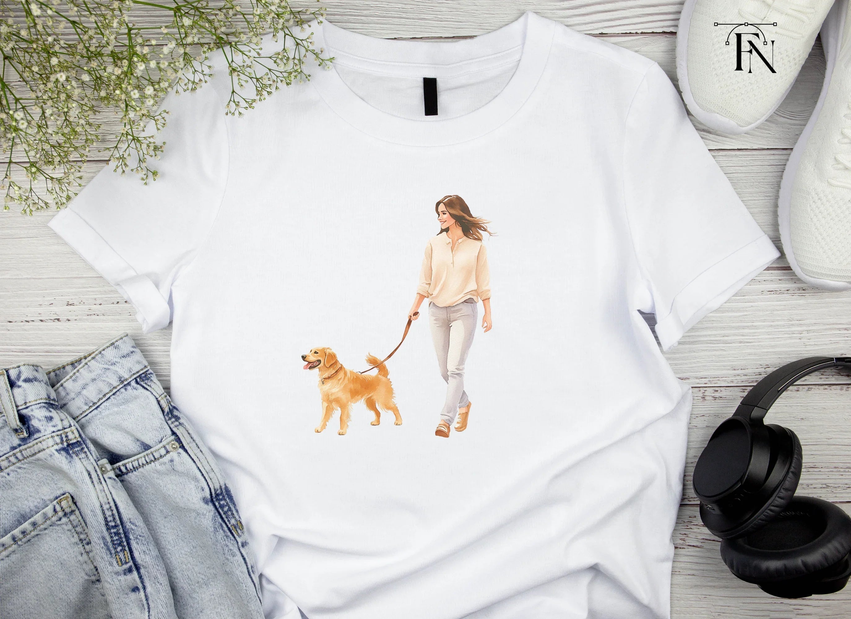 Happy Woman Walking Golden Retriever Clipart Bundle