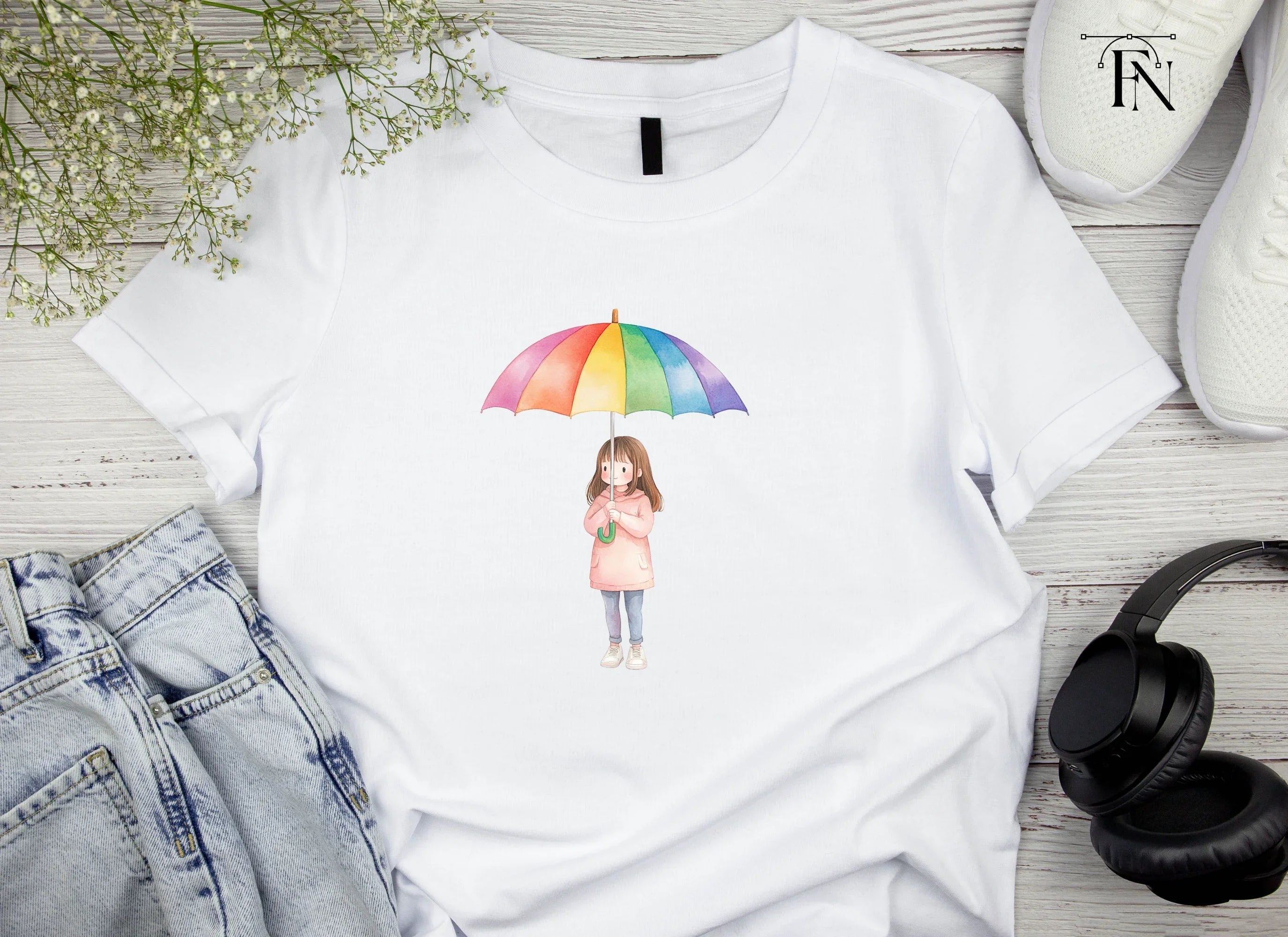 Girls with Rainbow Umbrellas Clipart Bundle