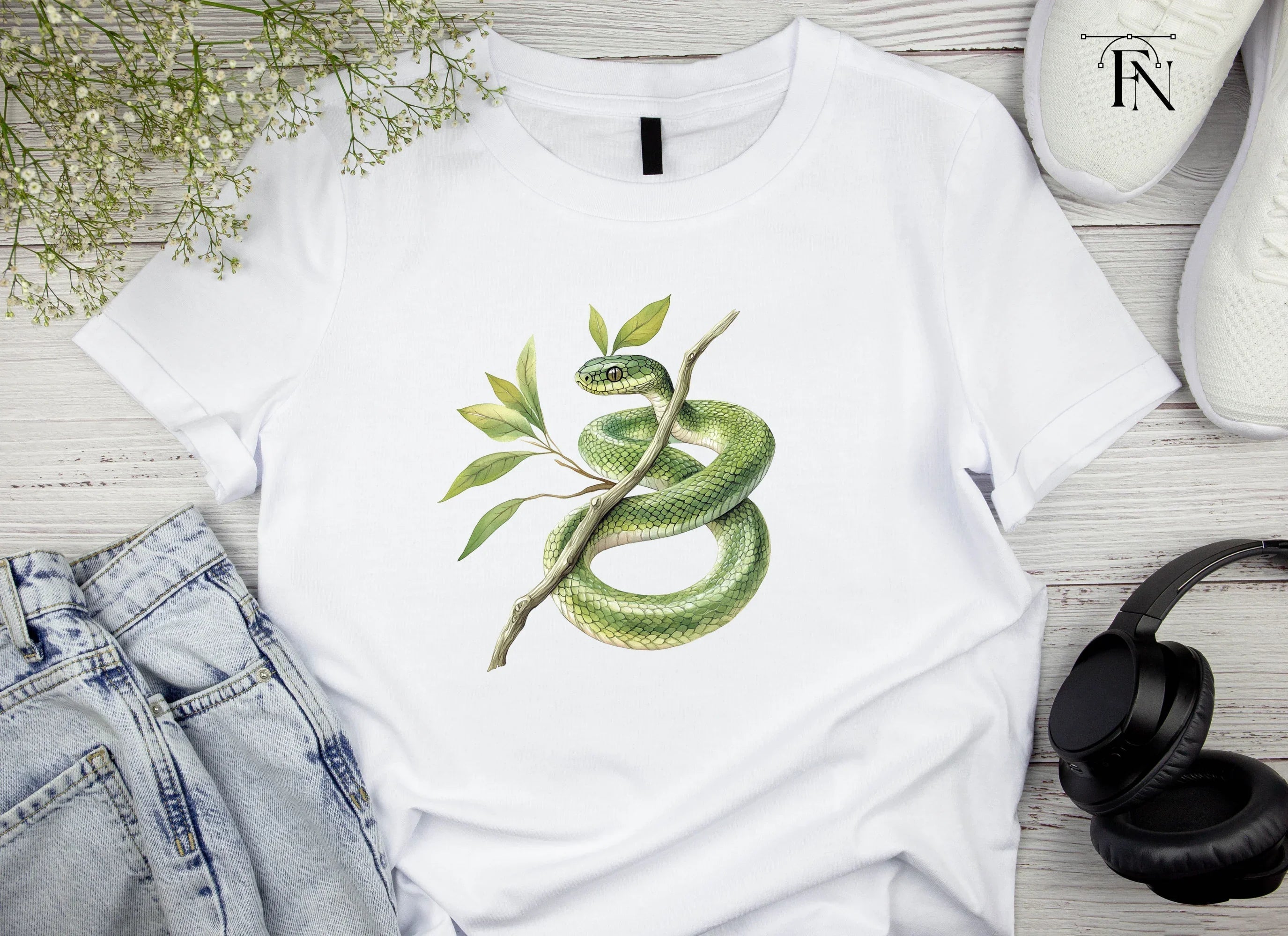 Vibrant Green Snake on Tree Branch Clipart Bundle