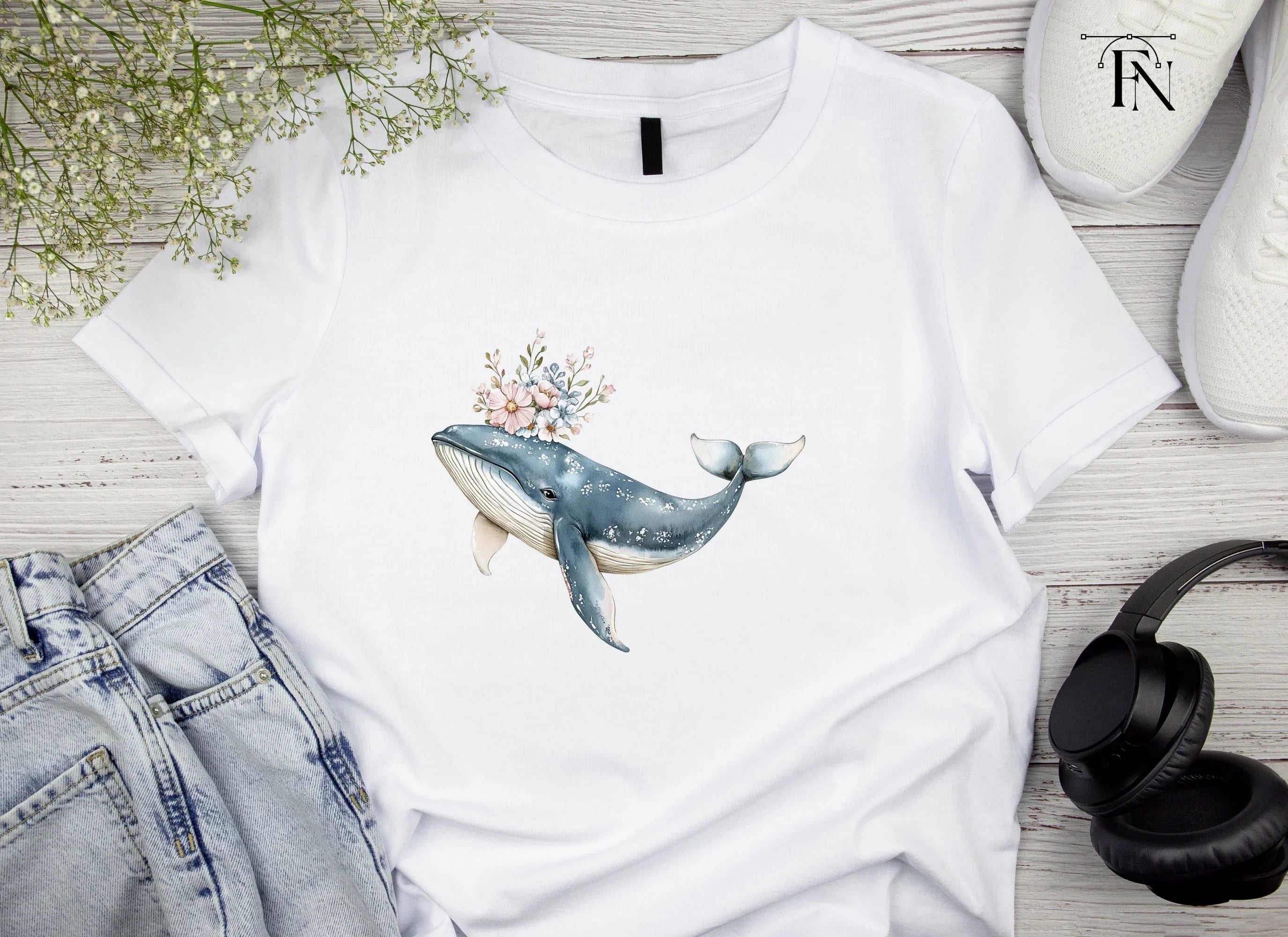 Floral Whales Clipart Bundle