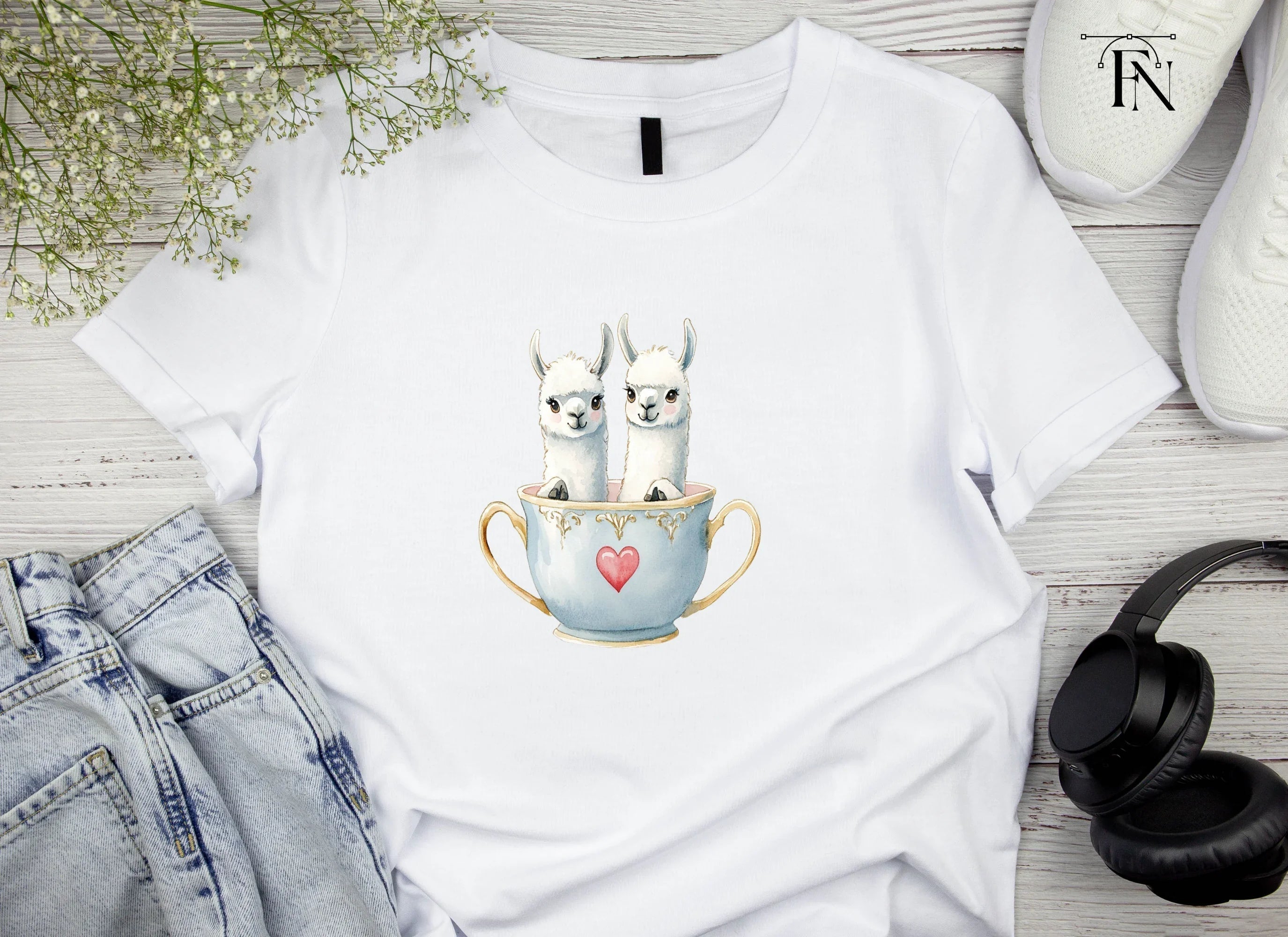 Cute Llama Couple in Teacups Clipart Bundle