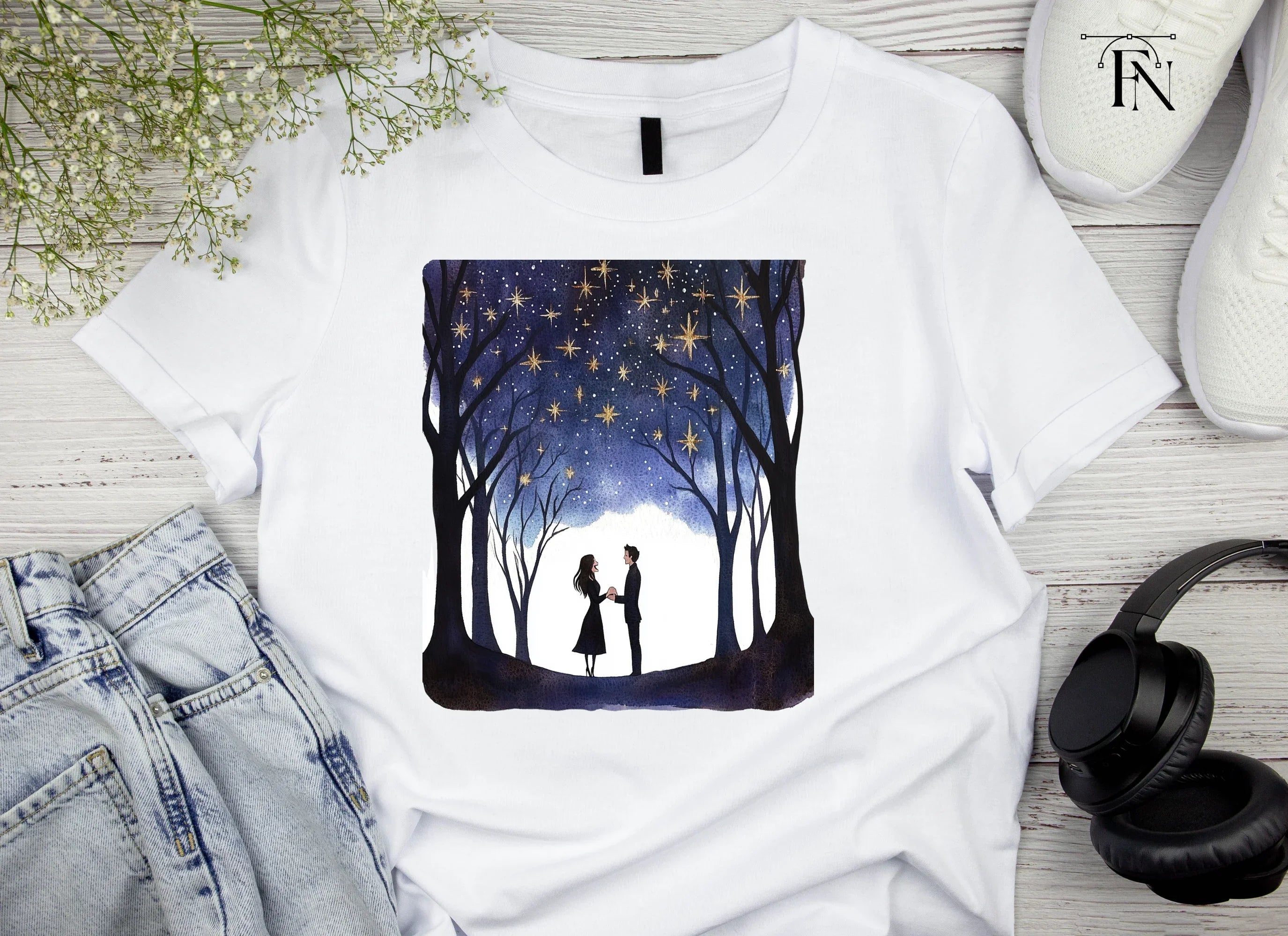 Romantic Couple Under Starry Trees Clipart Bundle