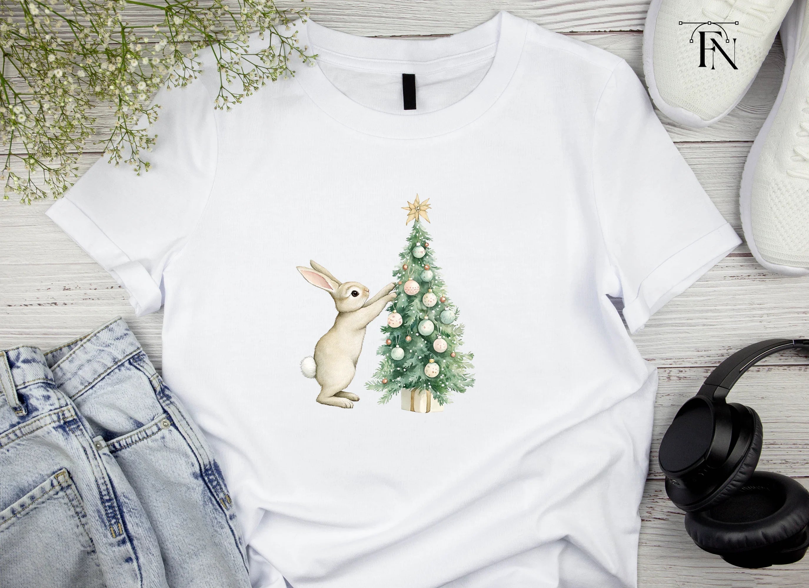 Brown Bunnies Decorating Christmas Tree Clipart Bundle