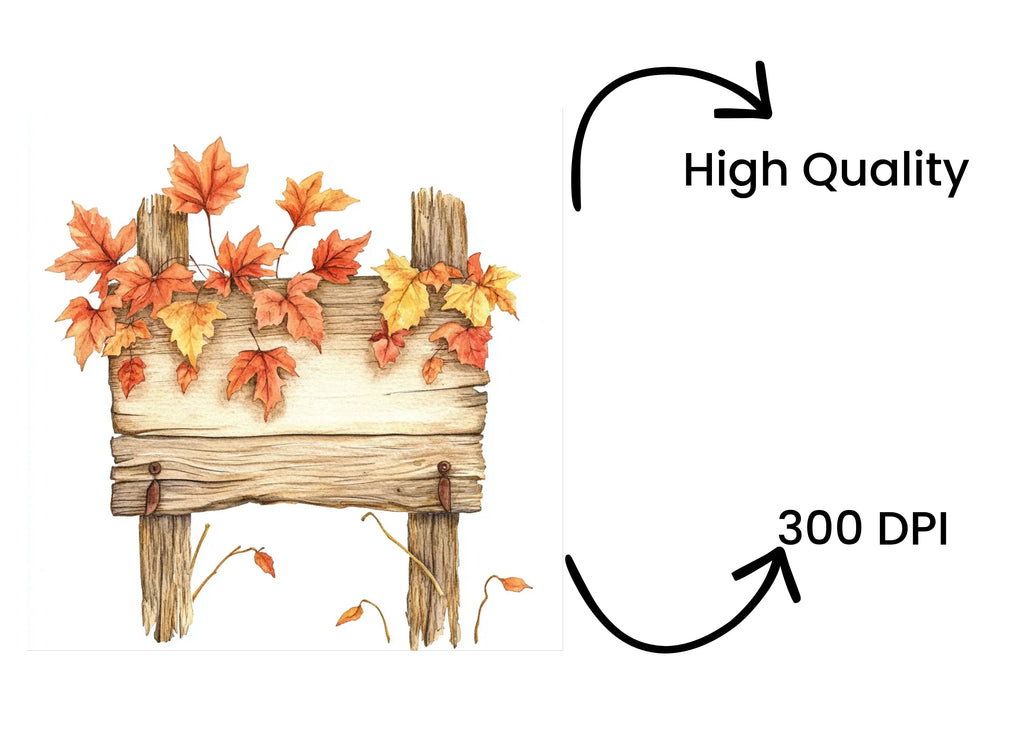 Autumn Wooden Signs with Fall Leaves Clipart Bundle