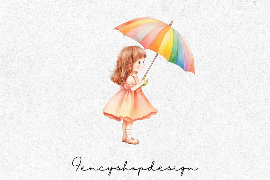 Cute Girls with Rainbow Umbrellas Clipart Bundle